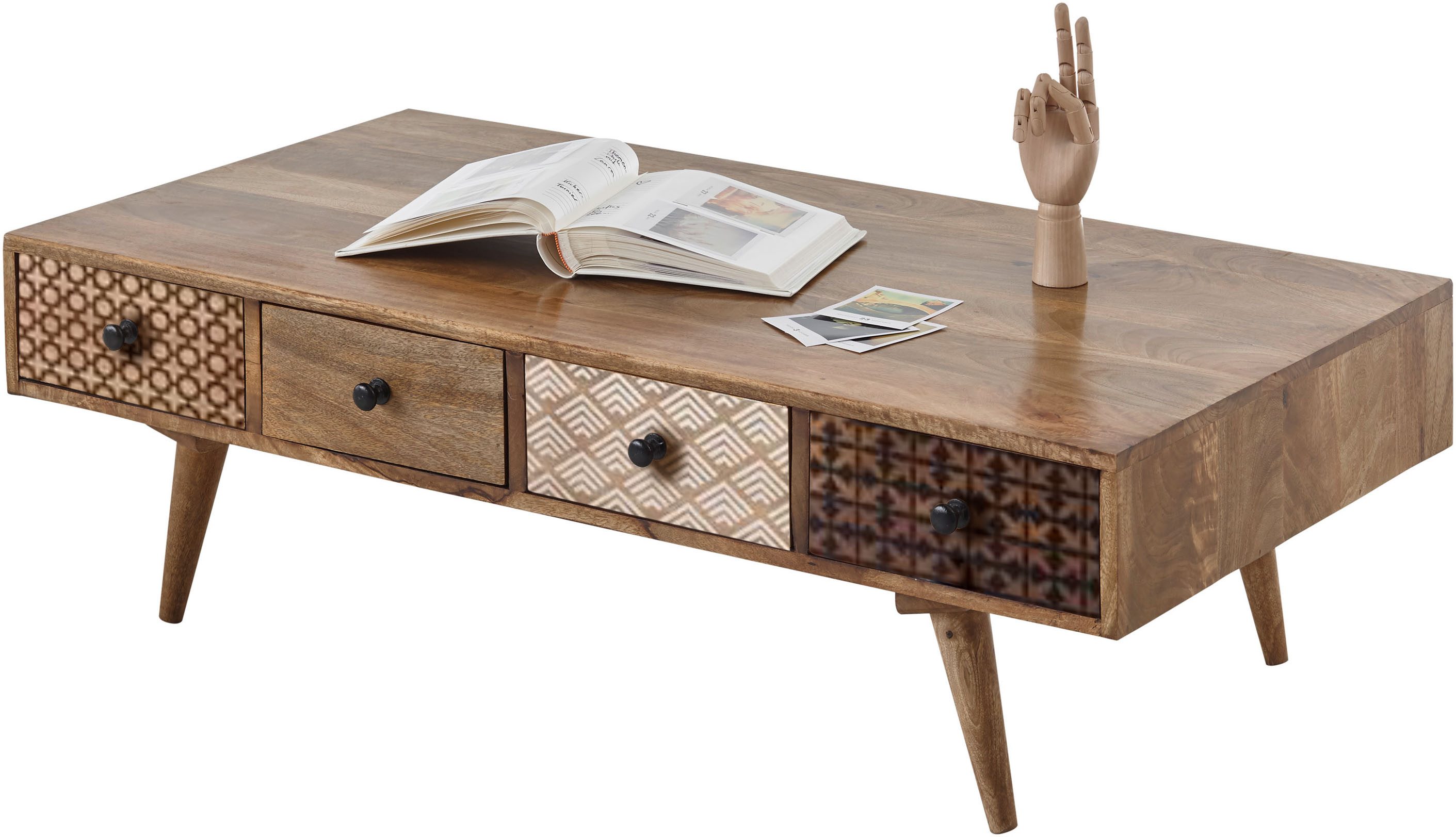 Stolkom Salontafel Shari salontafel met lades, massief hout BxHxD 117x36x60 cm Massief mango hout, 8 lades met verschillende gemusterde fronten