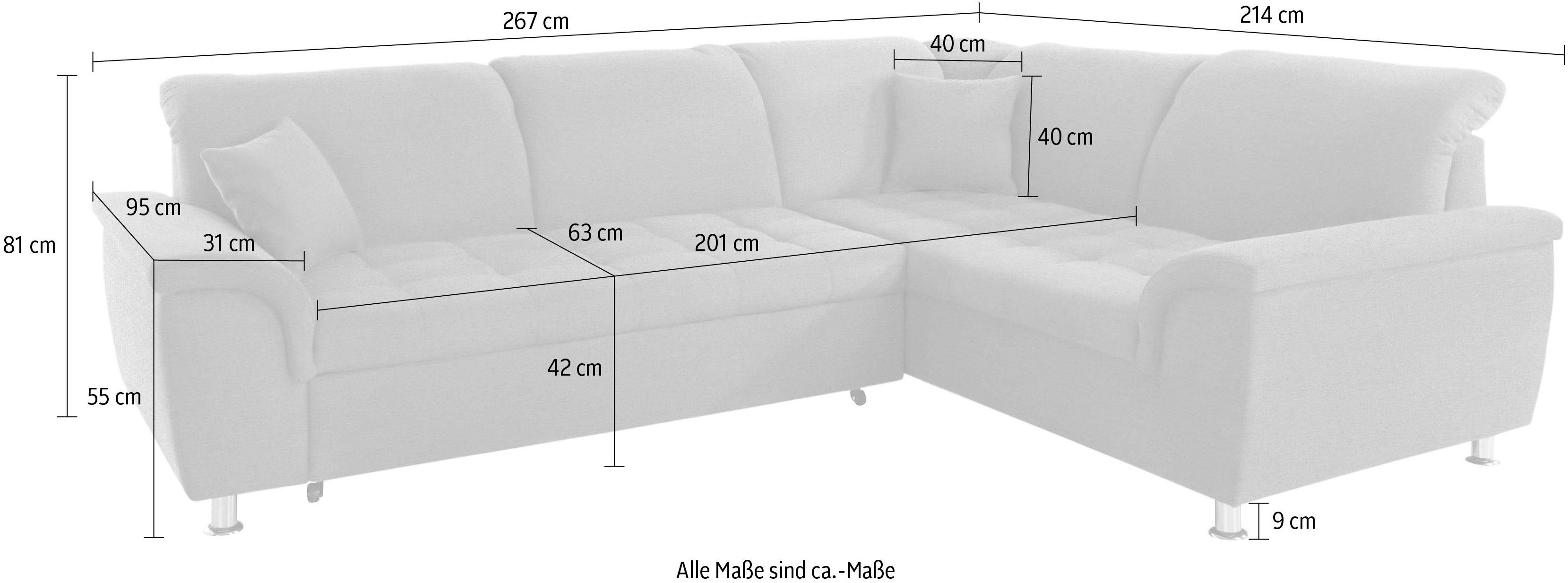 DOMO collection Hoekbank Franzi L-vorm naar keuze met verstelbare hoofdsteun (dan breedte: 275 cm)