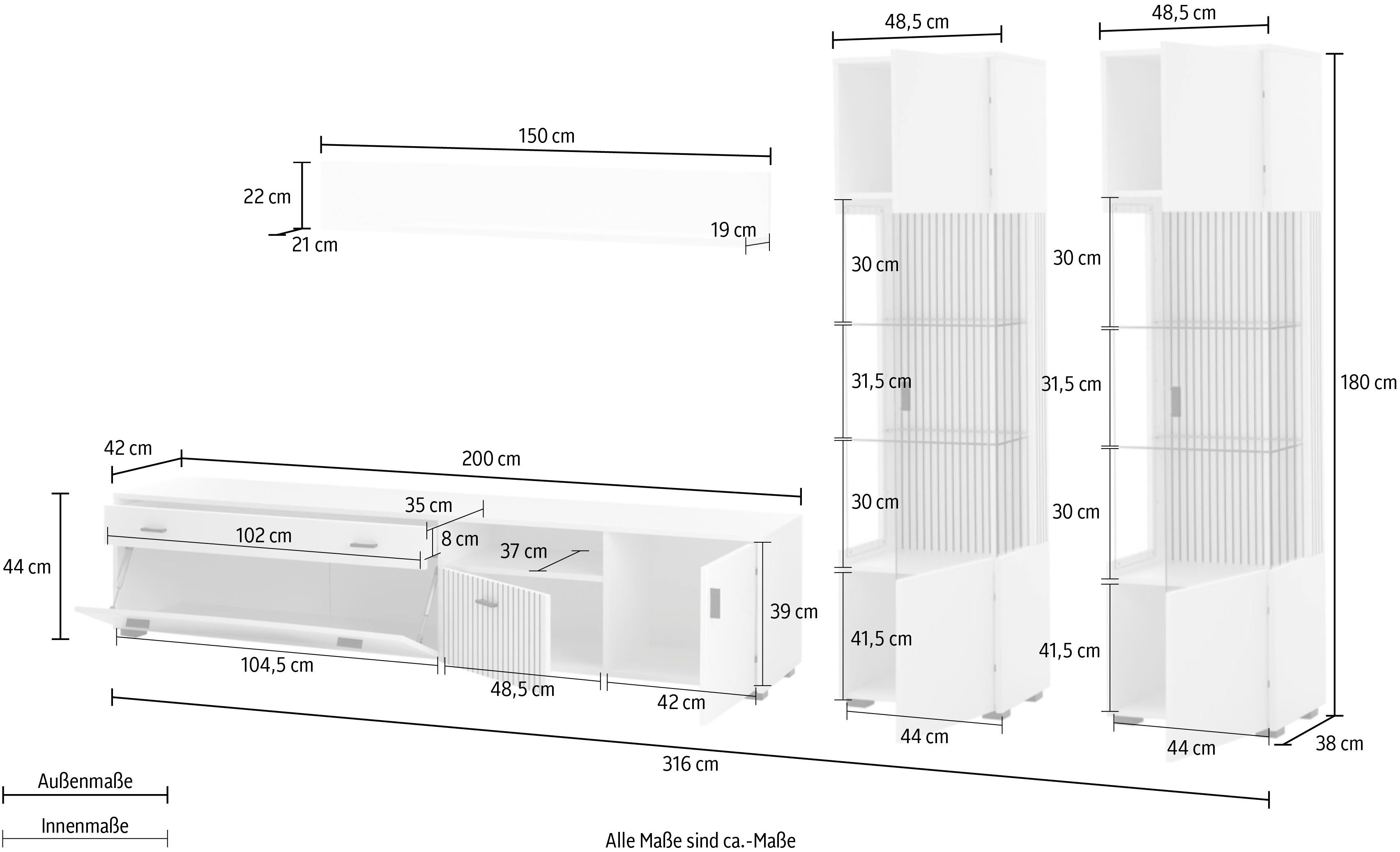 INOSIGN Wandmeubel Hudson met moderne groevenlook, handgrepen van metaal (zwart), breedte 316 cm (set, 4-delig)