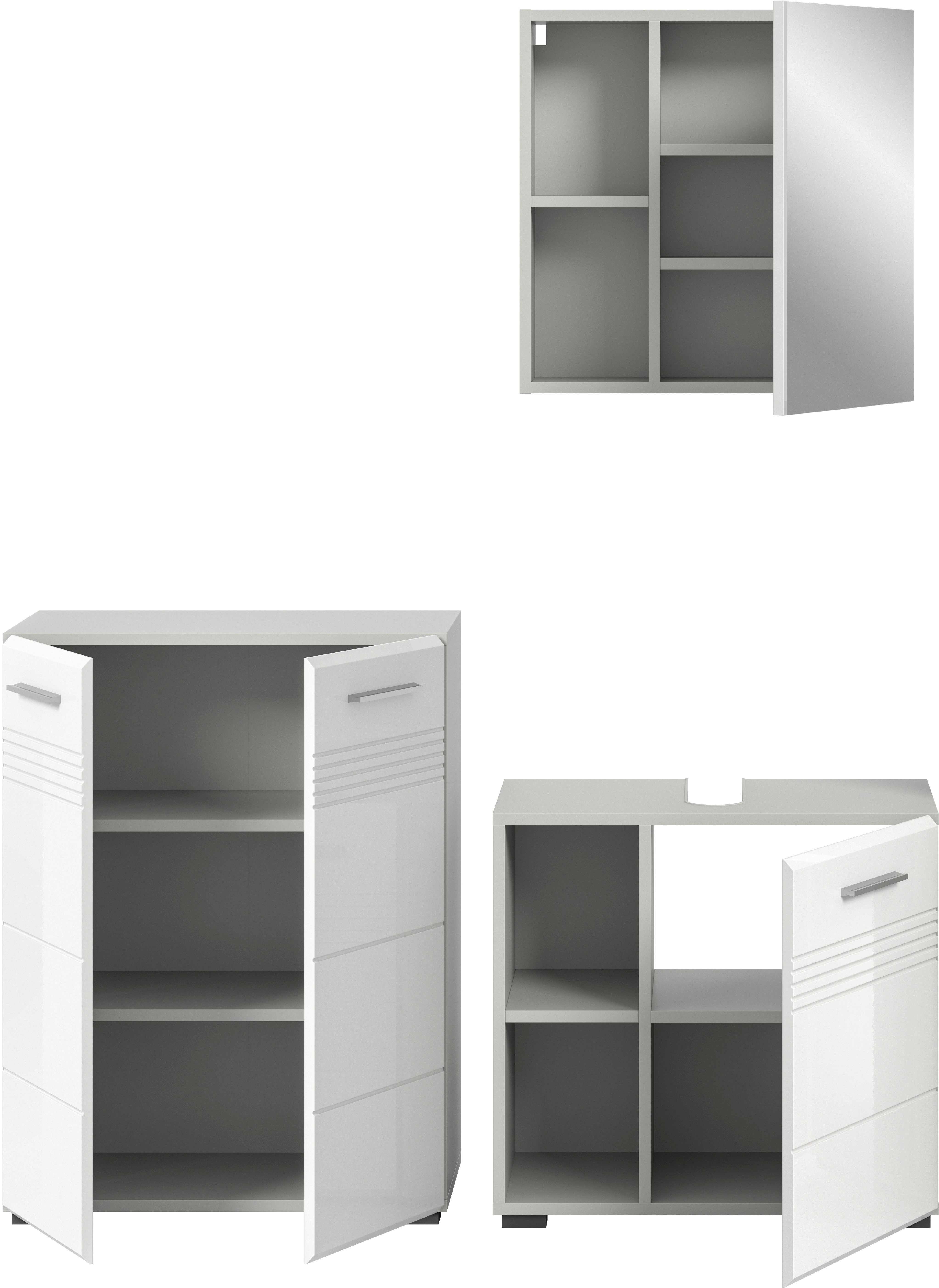 welltime Badmeubelset Calicio, bestaande uit: midikast, wastafelonderkast Spiegelschrank, hoogwaardige MDF front met groeffrasing (3 stuks)