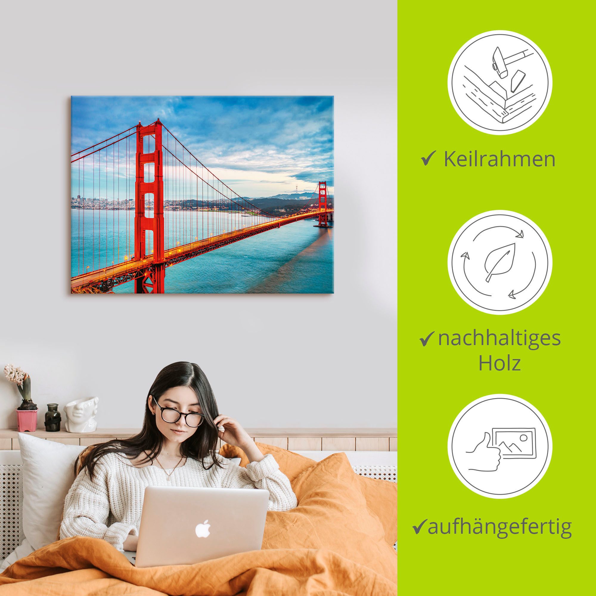 Artland Artprint Golden Gate Bridge als artprint van aluminium, artprint voor buiten, artprint op linnen, poster, muursticker
