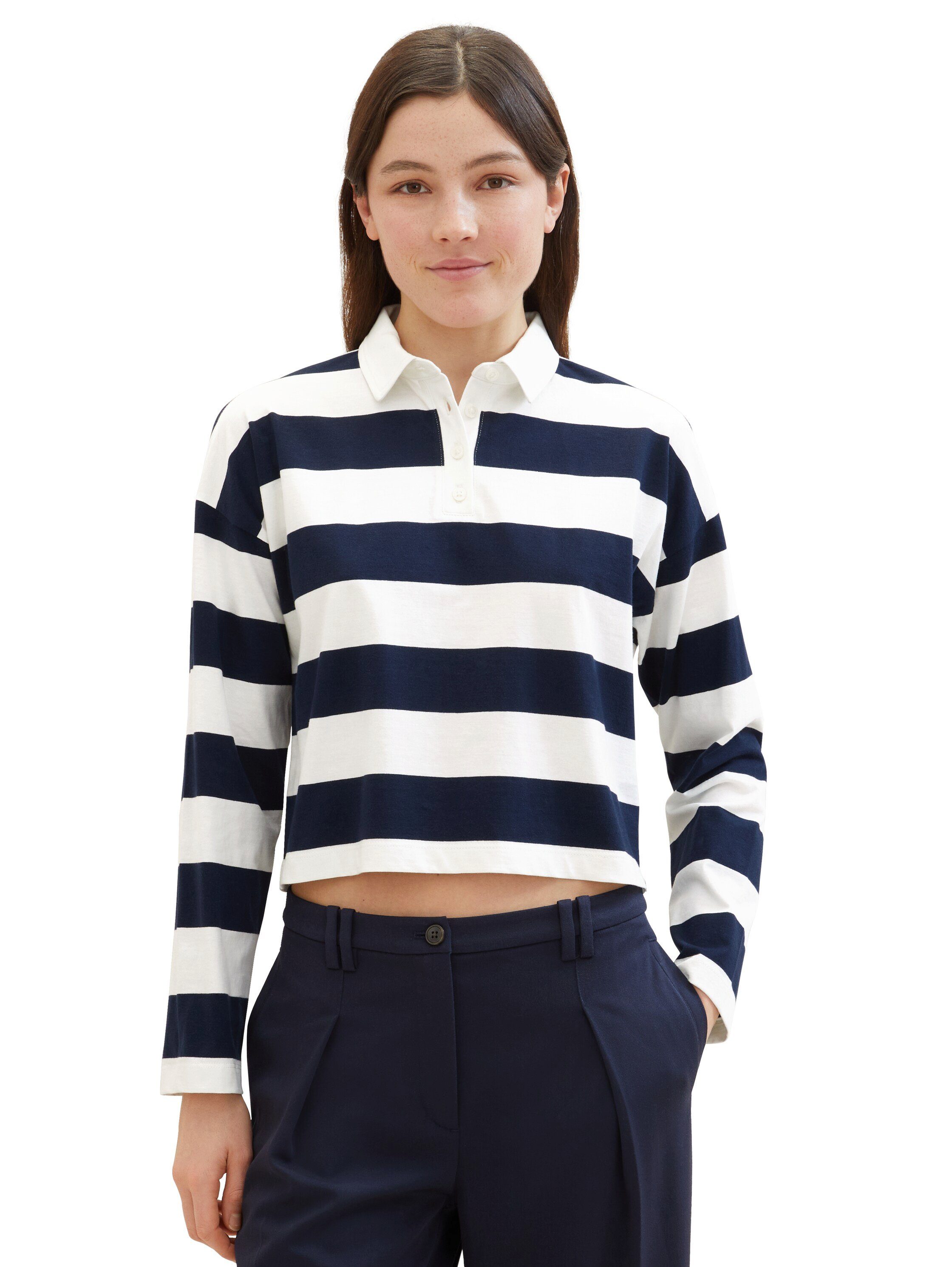 Tom Tailor Denim Poloshirt met lange mouwen met strepen en polokraag, extra kort dames polo's maat XXL blauw