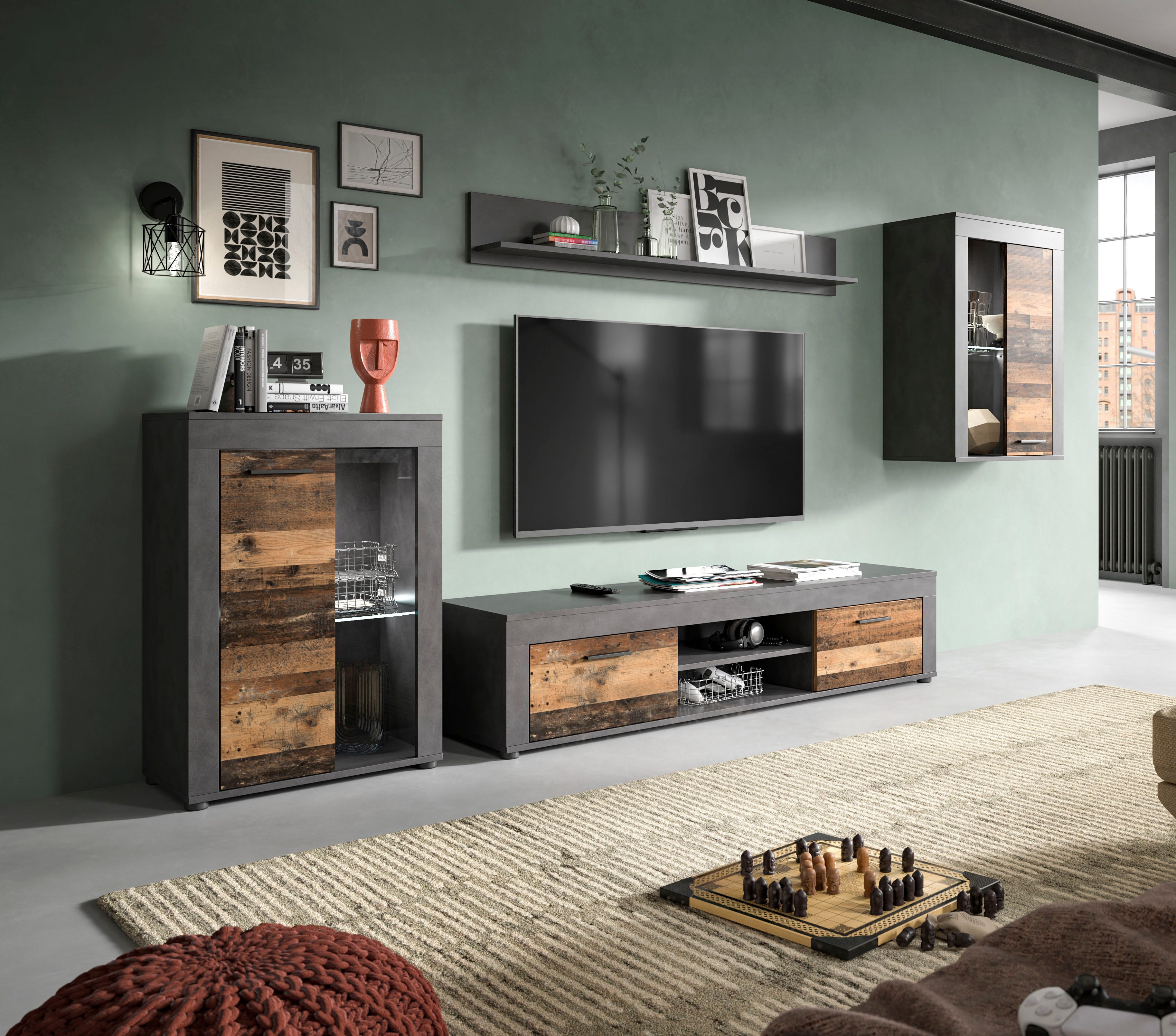 INOSIGN Wandmeubel Aosta, 4-delig, bestaande uit: 2x vitrinekast, lowboard & wandplank (4-delig)