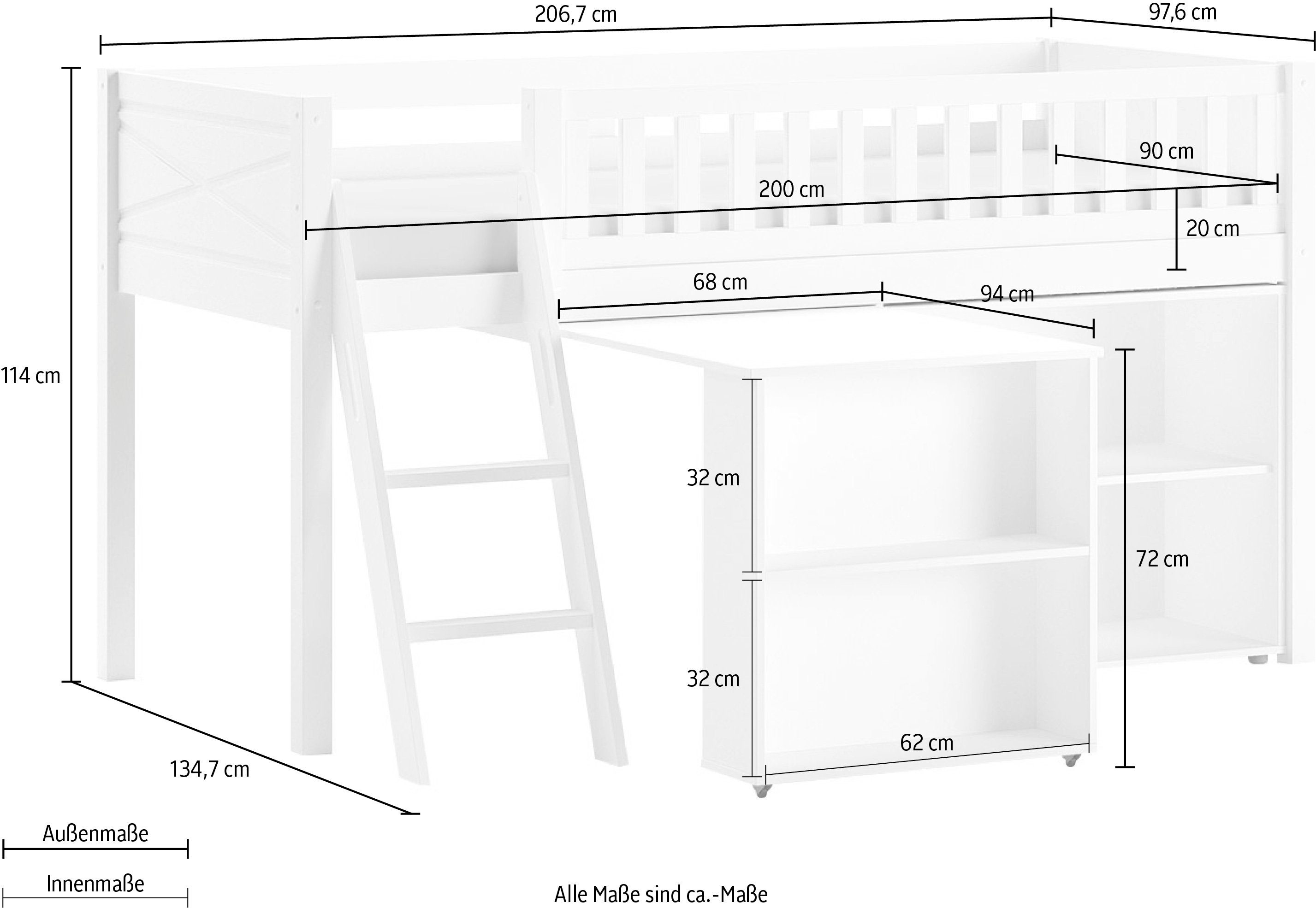 Vipack Speelbed met veel functionaliteit op een kleine ruimte, lf 90x200 cm, grenen wit gelakt