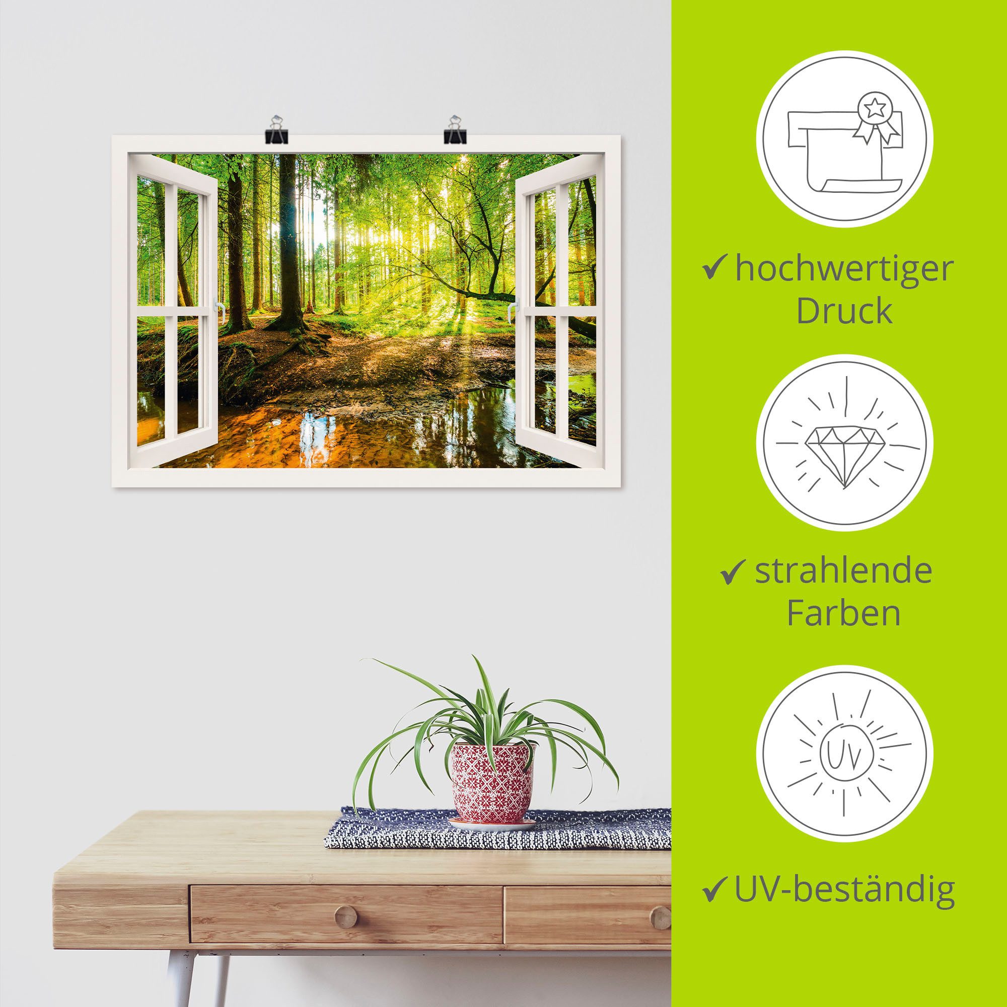 Artland Artprint Blik uit het venster - bos met beek als artprint op linnen, poster, muursticker in verschillende maten