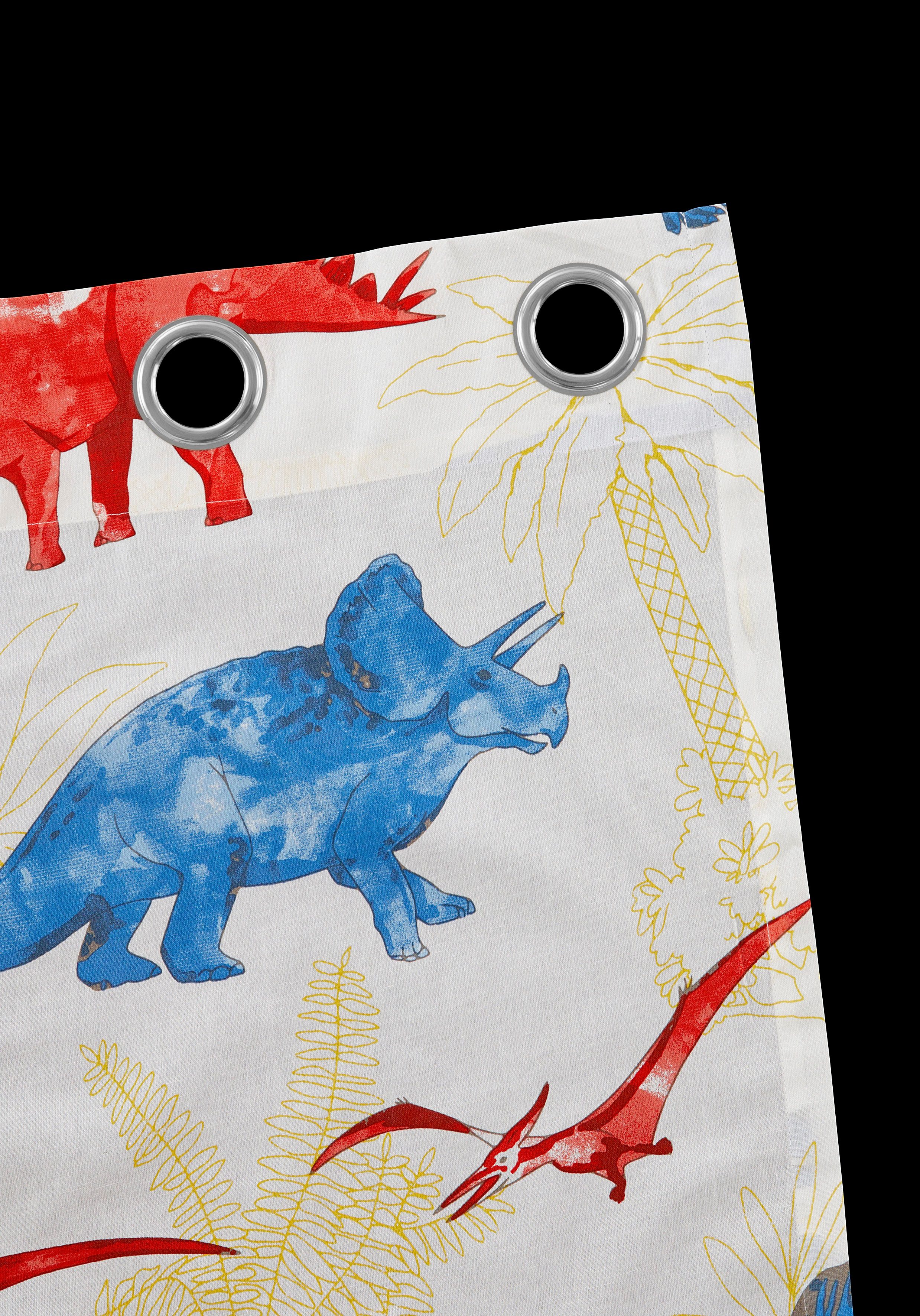 Lüttenhütt Gordijn Dino Kindergordijn, aan een kant met dinosaurussen gedessineerd (1 stuk)