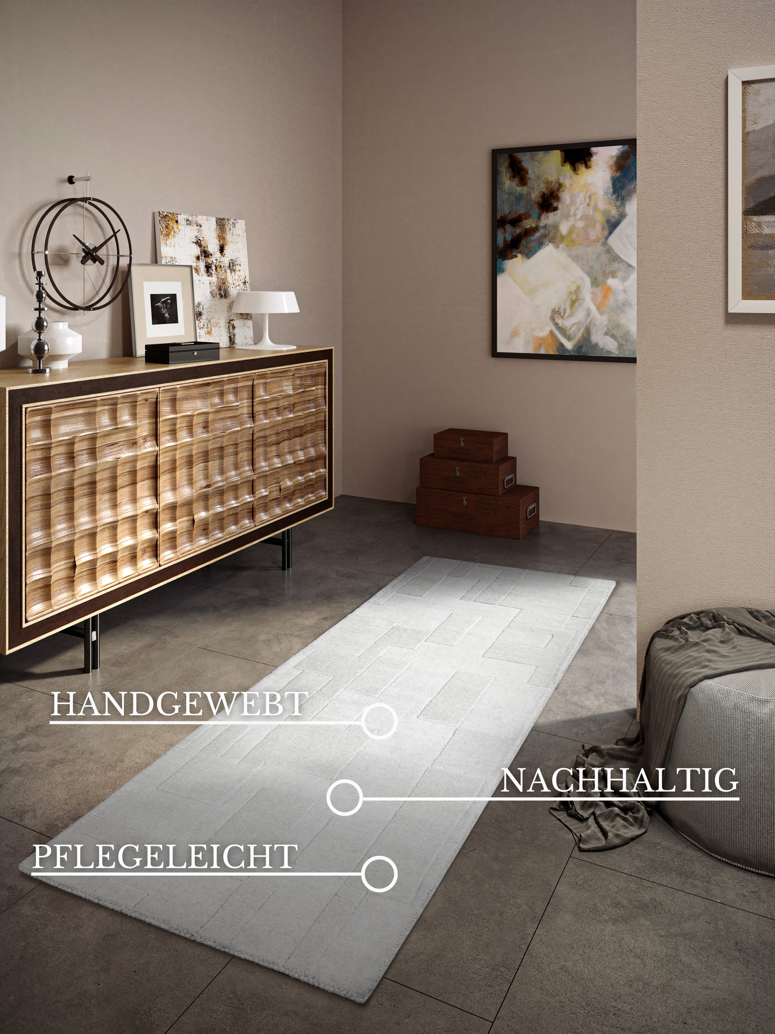 Villeroy & Boch Wollen kleed Wilhelmine Loper, handgeweven, wol, natuur, woonkamer, geometrie, boho