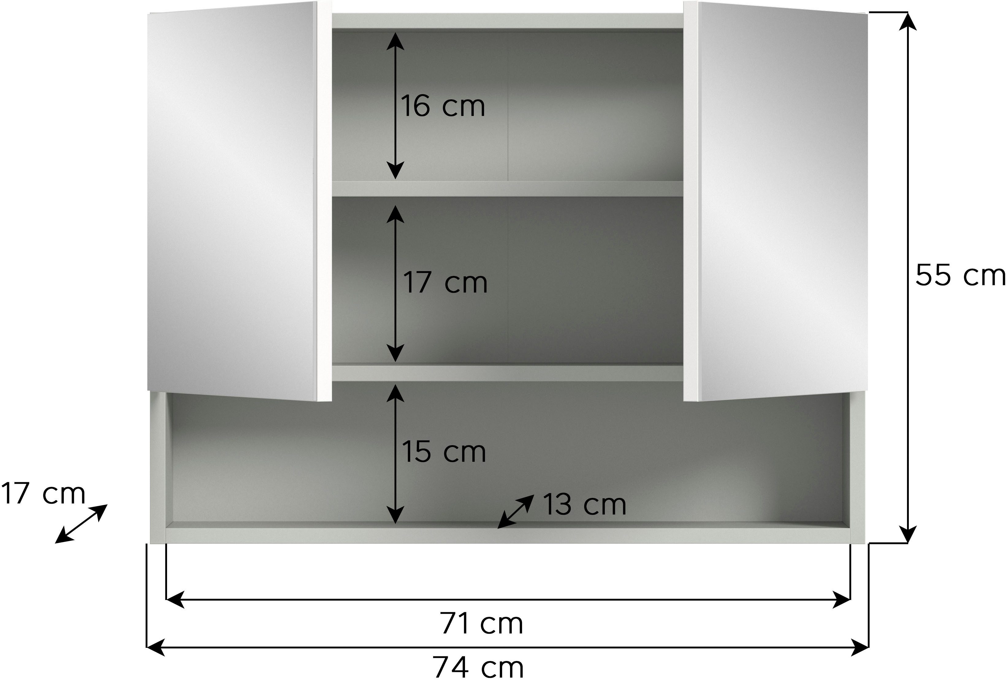 welltime Spiegelkast Calcio, breedte 74 cm, 2 spiegeldeuren, 1 plank, 3 vakken