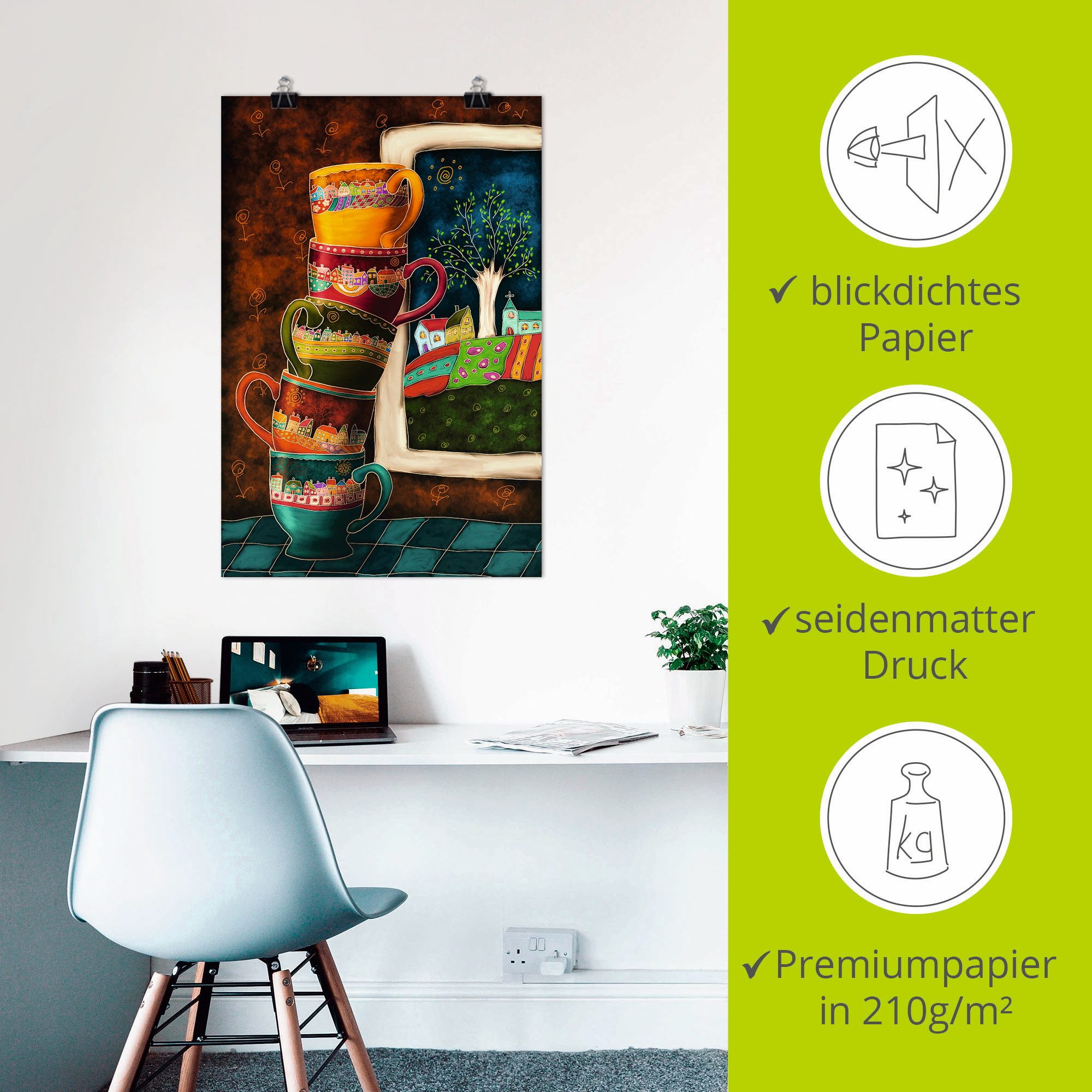 Artland Artprint Vrolijke koffiekopjes als artprint van aluminium, artprint voor buiten, artprint op linnen, poster, muursticker