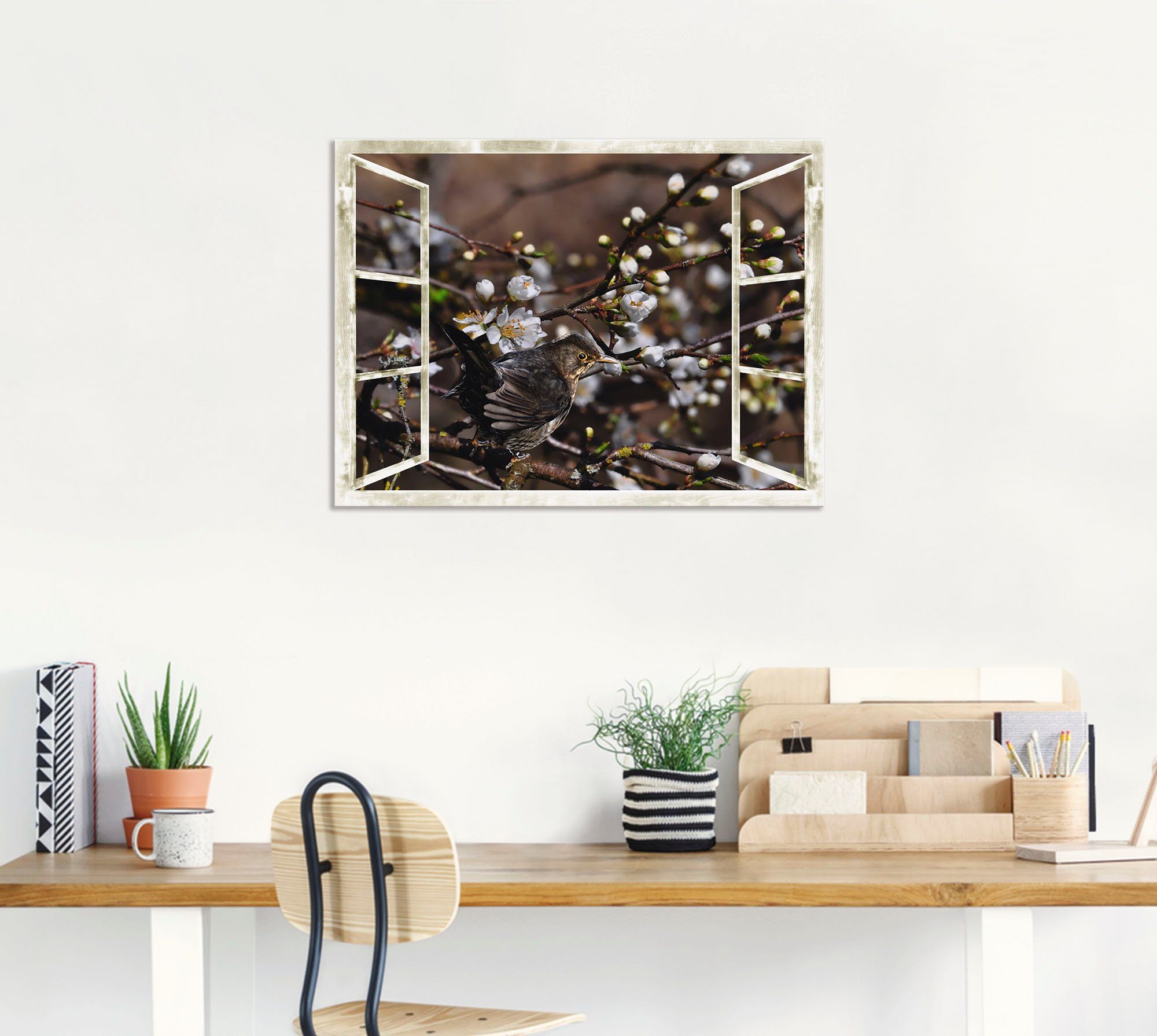 Artland Artprint Blik uit het venster - kersenbloesem met merel als artprint van aluminium, artprint voor buiten, artprint op linnen in verschillende maten