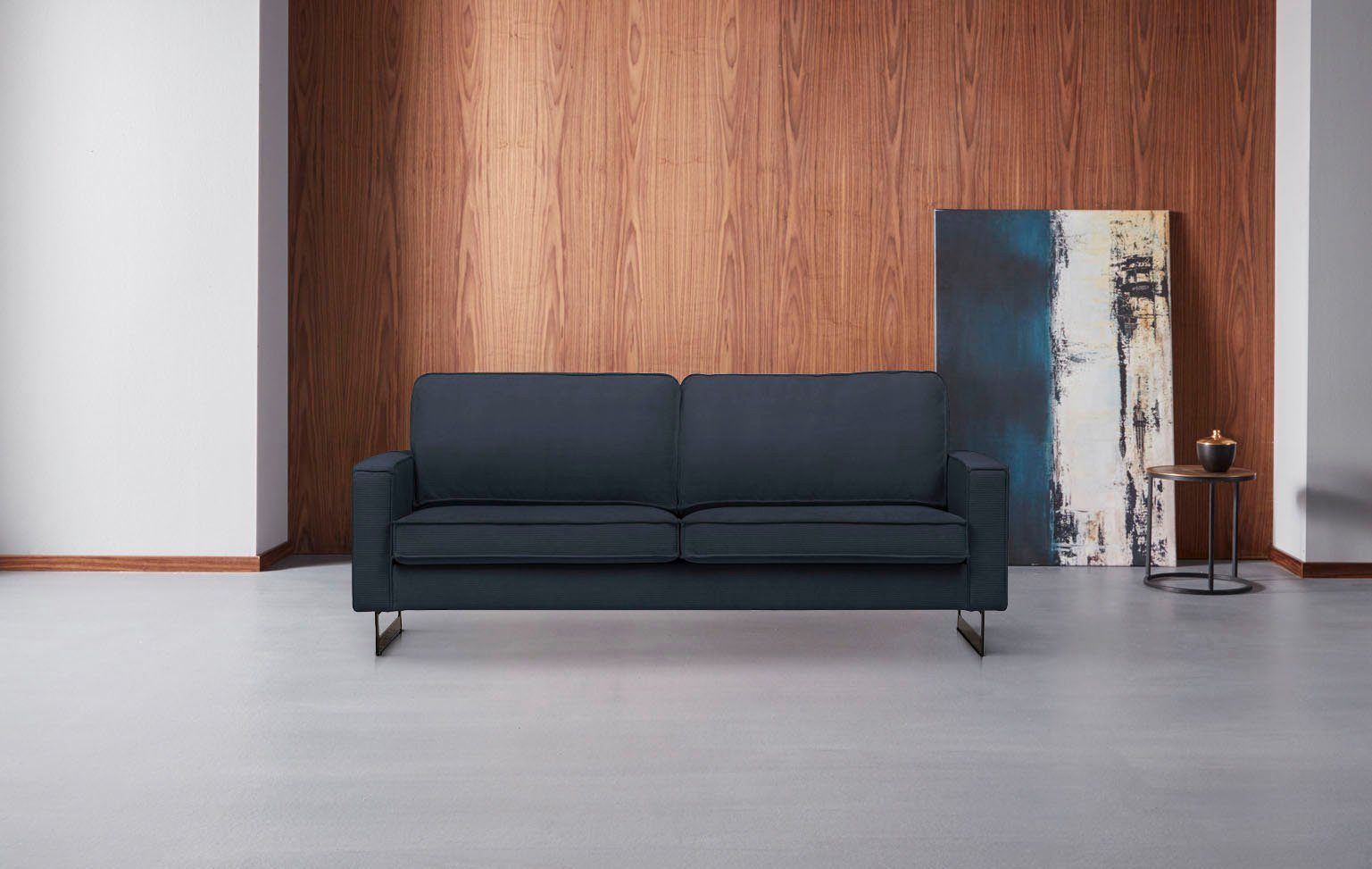 Places of Style 3-zitsbank Pinto, 206 cm, cord, chenille, leerlook met keder, zwarte metalen voeten, golfondersteuning