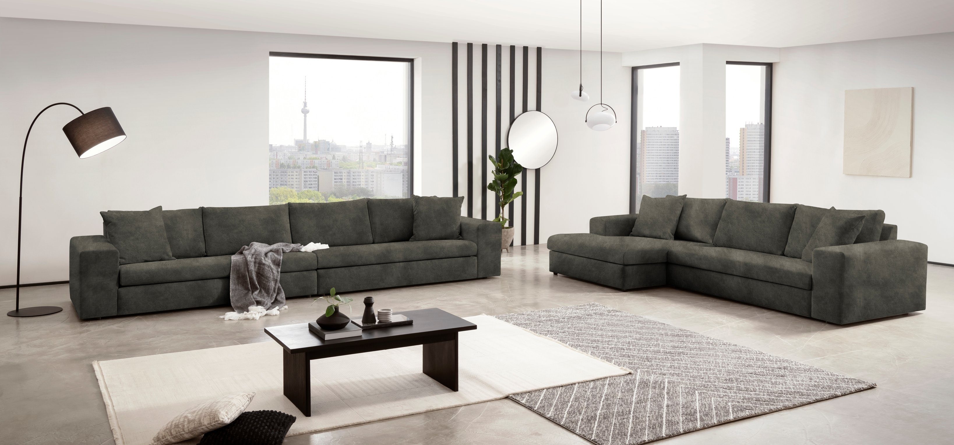 andas 4-zitsbank SLEETLAND XXL in fluweel of vintage lederlook