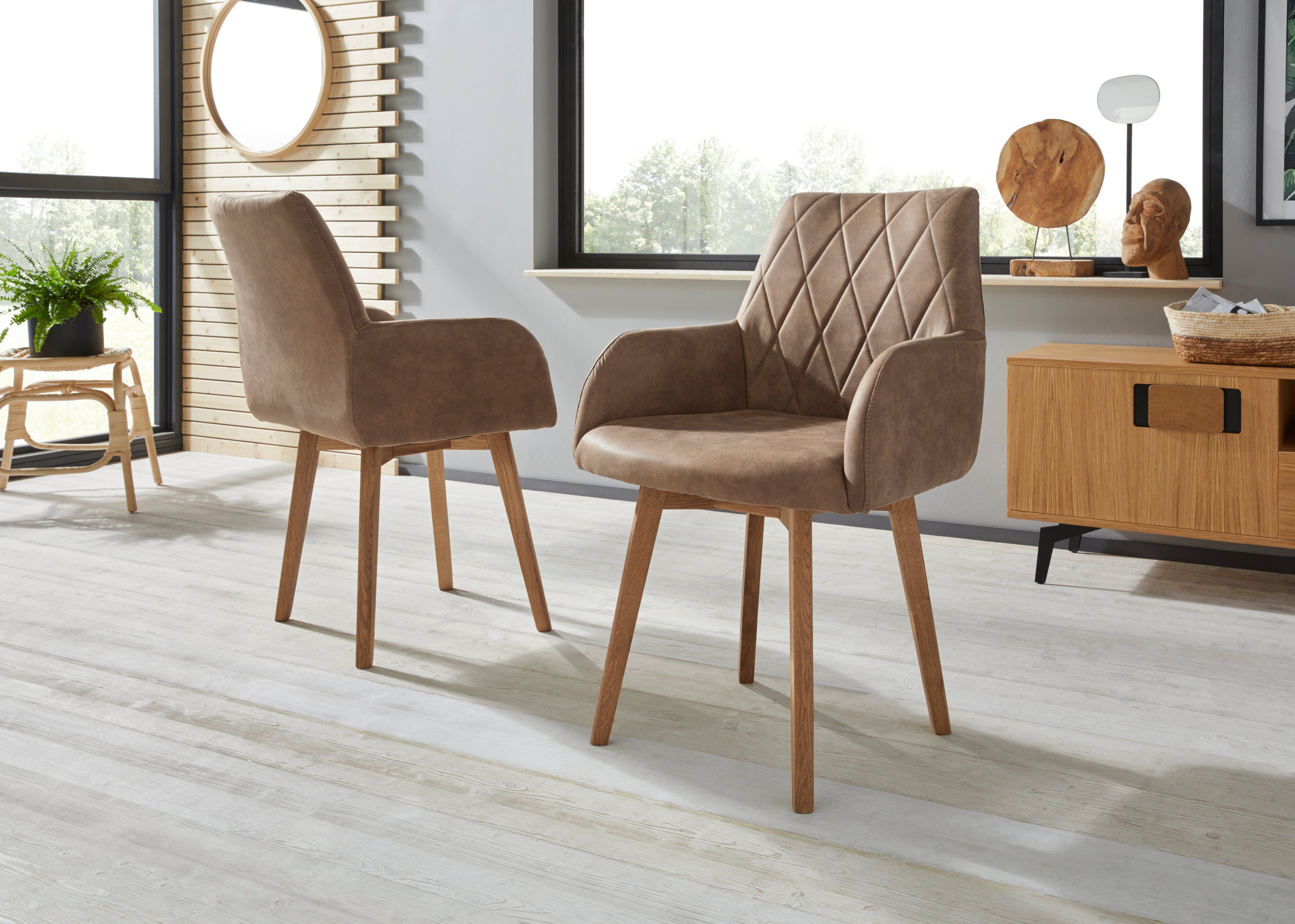 Home affaire Eetkamerstoel Brest Fauteuil in leer of microvezel, geolied massief eiken frame (2 stuks) 4 poot stoelen bruin