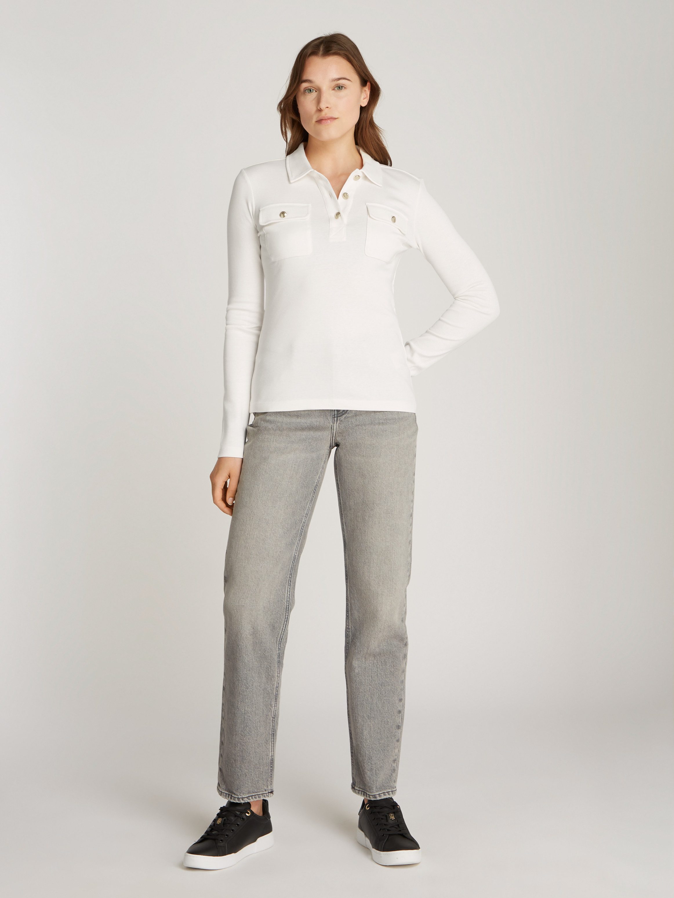 Tommy Hilfiger Poloshirt SLIM GOLD BTN POLO LS met borstzakken, goudkleurige knopen