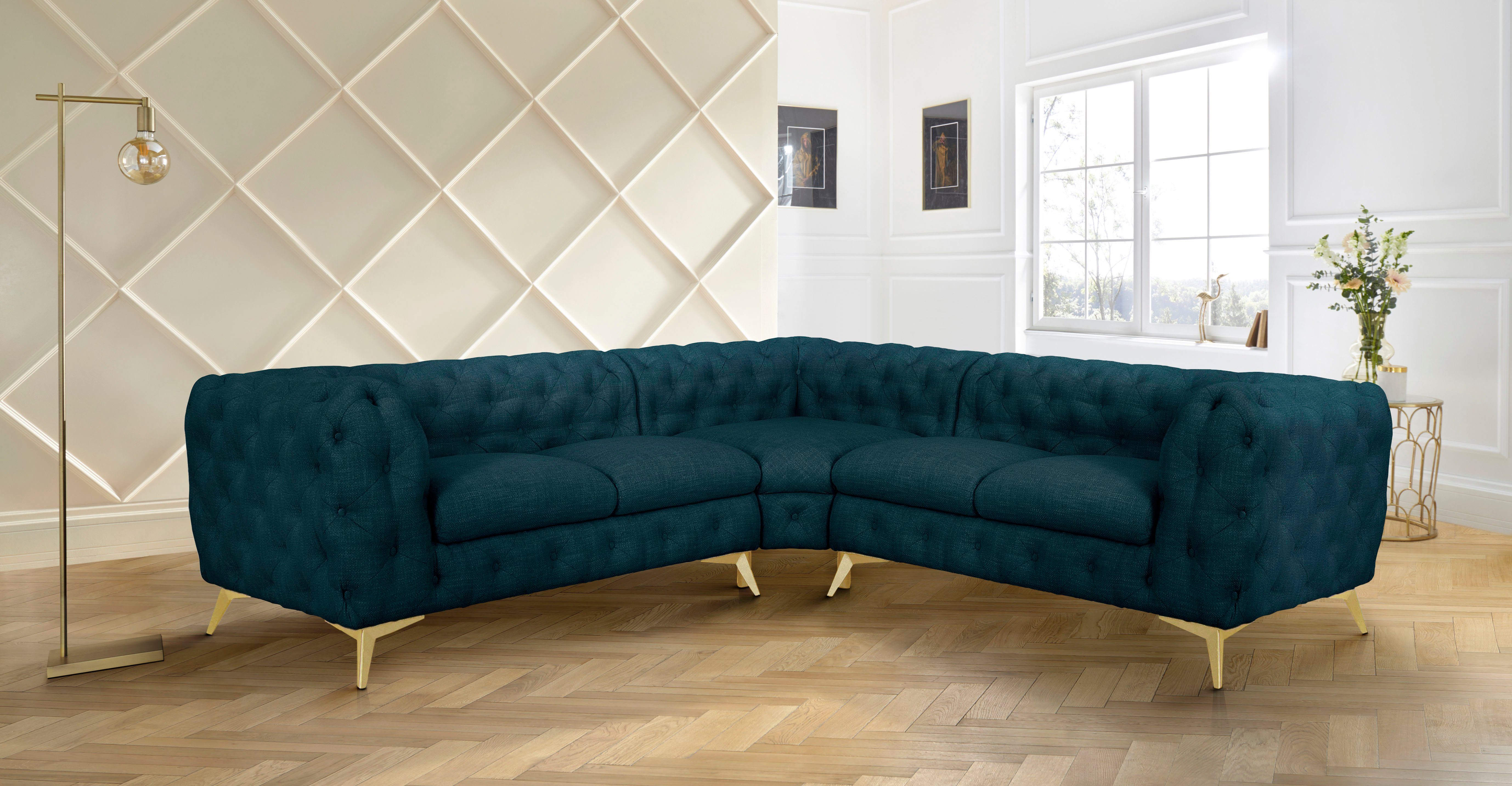 Leonique Chesterfield-bank Glynis L-vorm luxueuze capitonnage, moderne chesterfield look, kleur van de poten ter keuze
