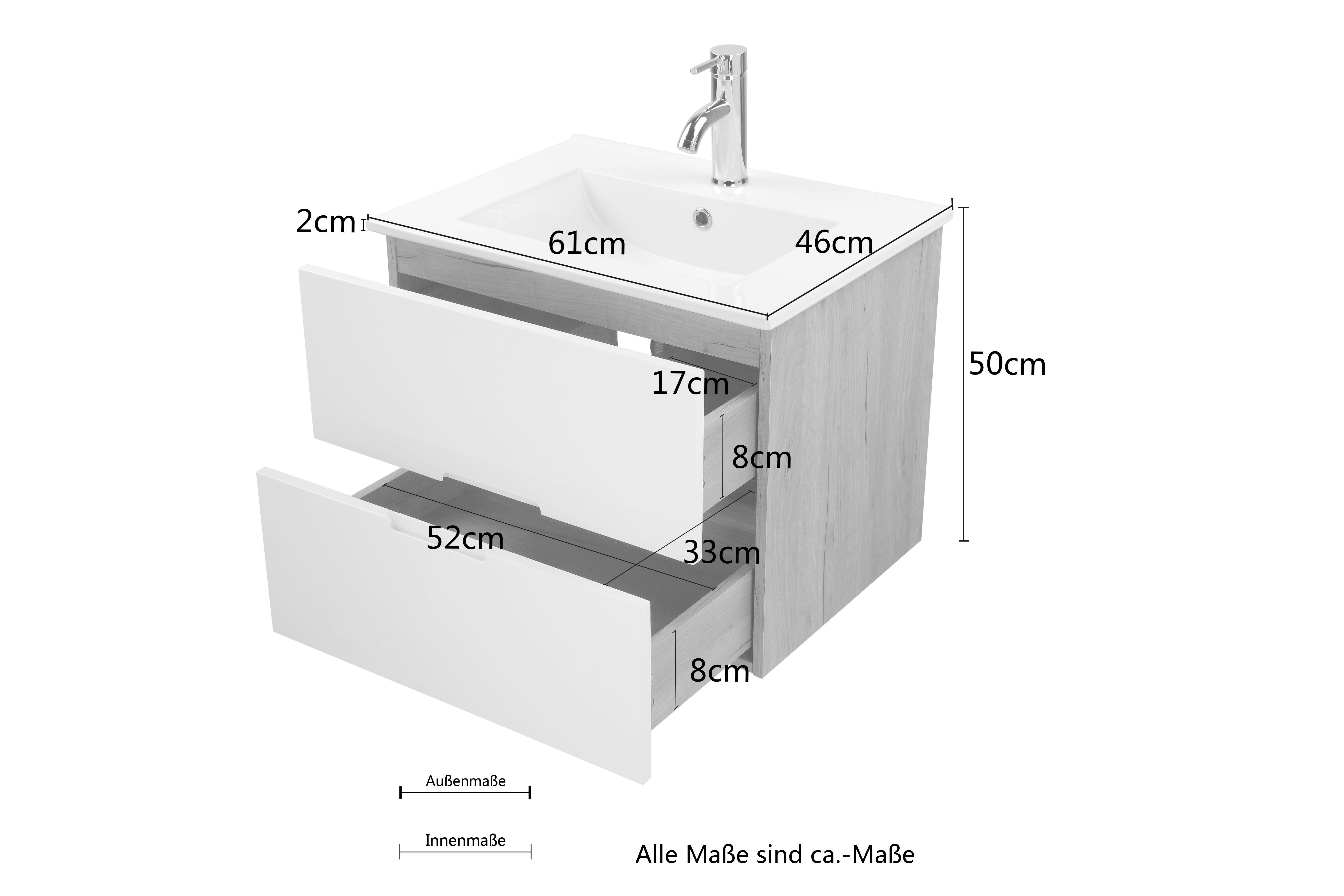 welltime Badkamerserie Lund badkamermeubelset badkamerkast badkamerset Spiegelkast, wastafelonderkast en wasbak breedte 60 cm (complete set)