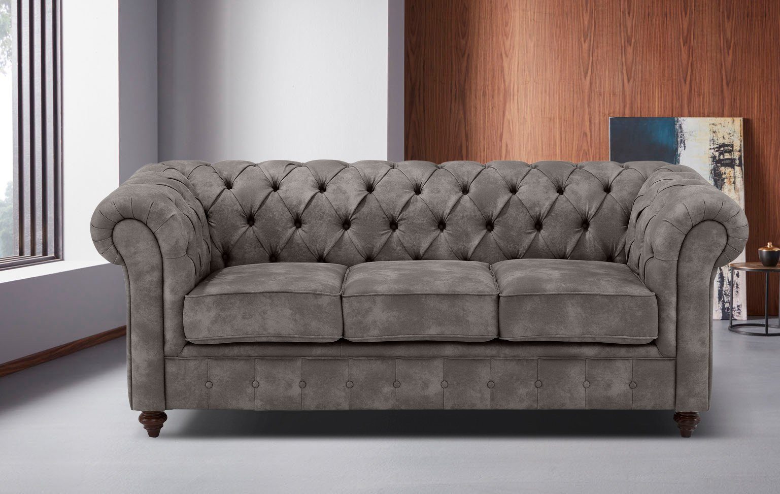 Home affaire Chesterfield-bank Chesterfield 3-zits B/D/H: 198/89/74 cm met hoogwaardige knoopdetails, ook in leer