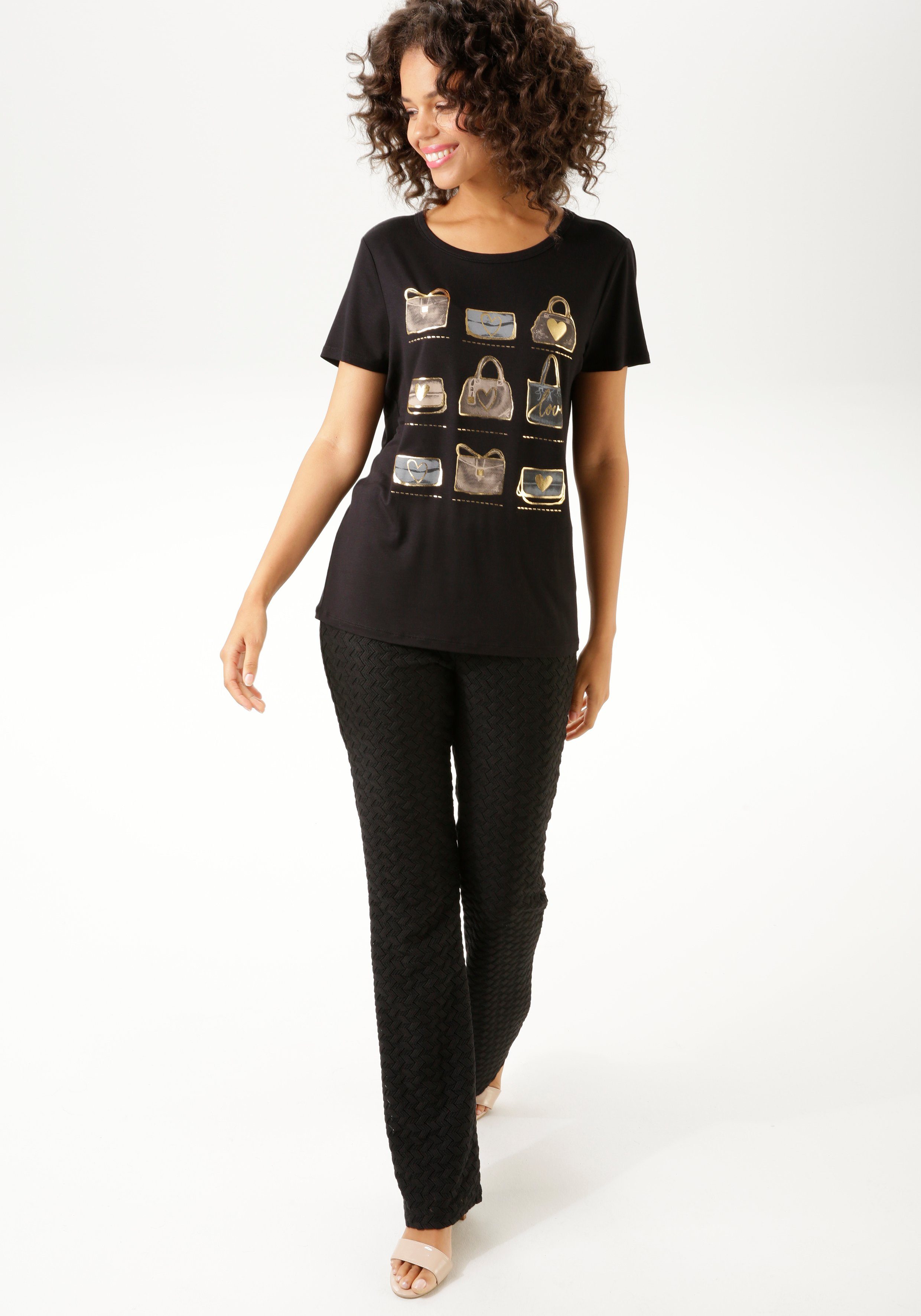 Aniston CASUAL T-shirt Print aan de voorkant deels met glinsterende folieprint NIEUWE COLLECTIE
