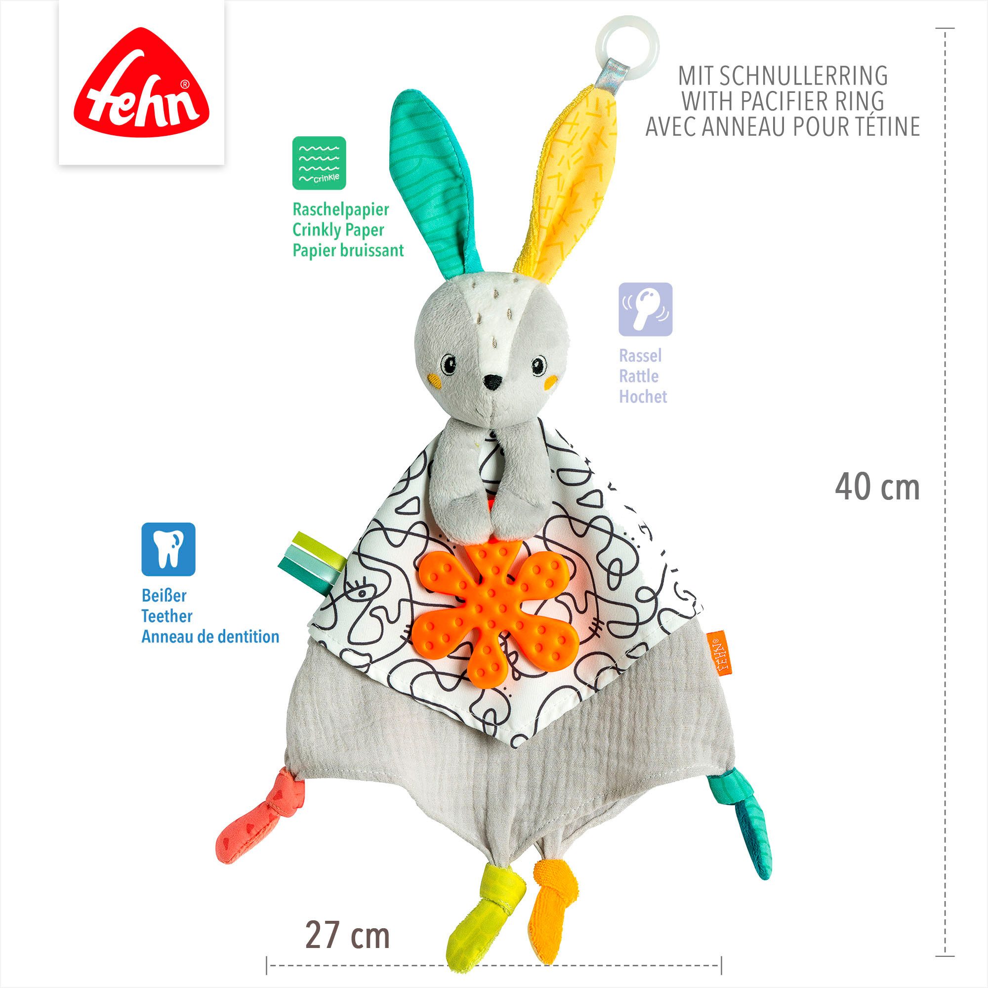 Fehn Knuffeldoek DoBabyDoo, konijn met bevestigingsring voor speen