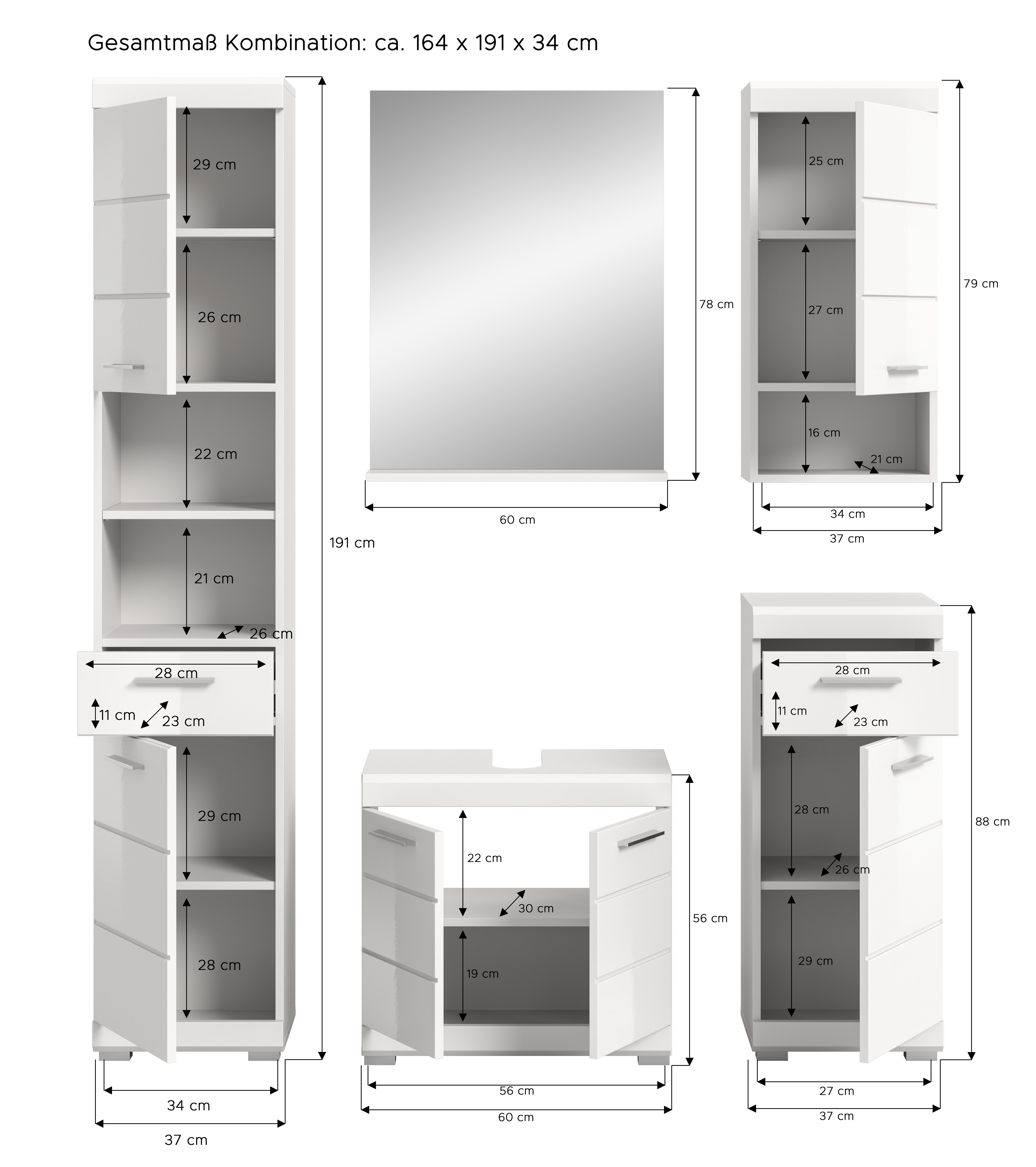INOSIGN Badmeubelset Siena, 5-delig, bestaande uit: Hoge kast, WBU, spiegel, onderkast, hangkast (set, 5 stuks)