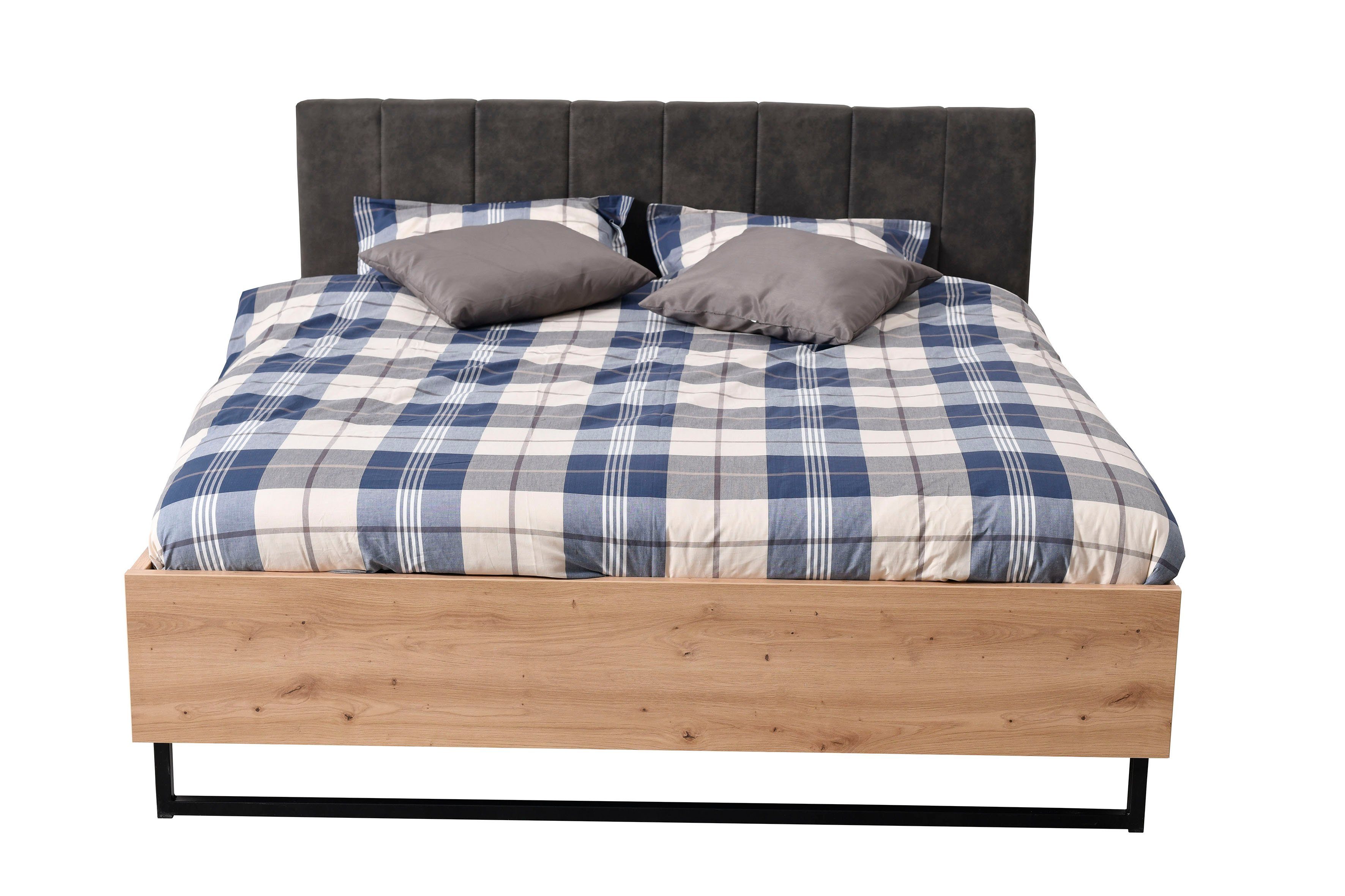 INOSIGN Bedframe Sardinië, FSC-gecertificeerd houtmateriaal met gepolsterde hoofdeinde, metalen voet in schaatsvorm, 160 of 180x200 cm