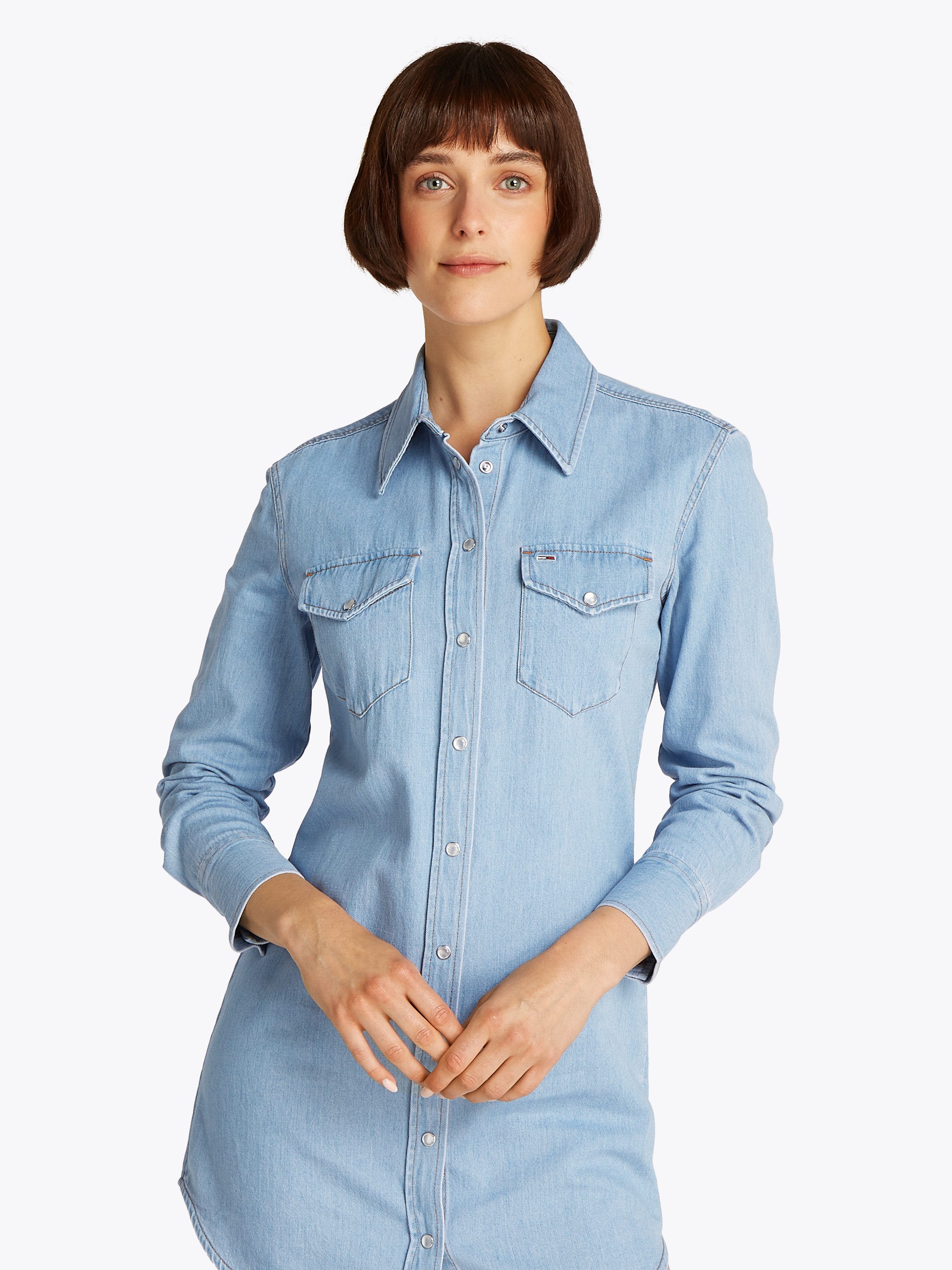 TOMMY JEANS Jurk met overhemdkraag REGULAR SHIRT DRESS EXT met borstzakken, logo-borduursel dames blousejurken maat XXL (44) blauw