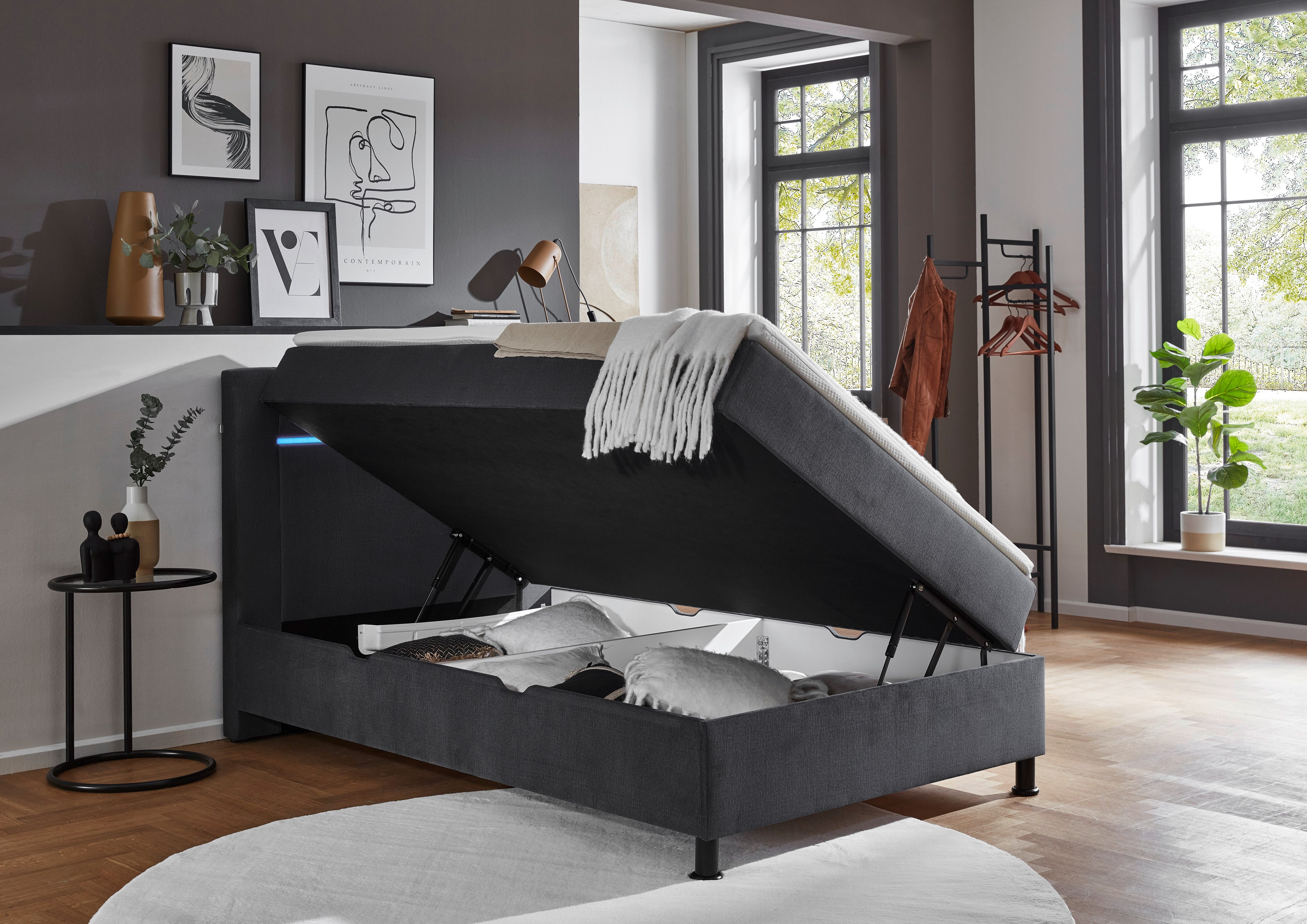 INOSIGN Boxspring Escalon LED met opbergruimte, inclusief topper, LED-lichtstrip in het hoofdeinde