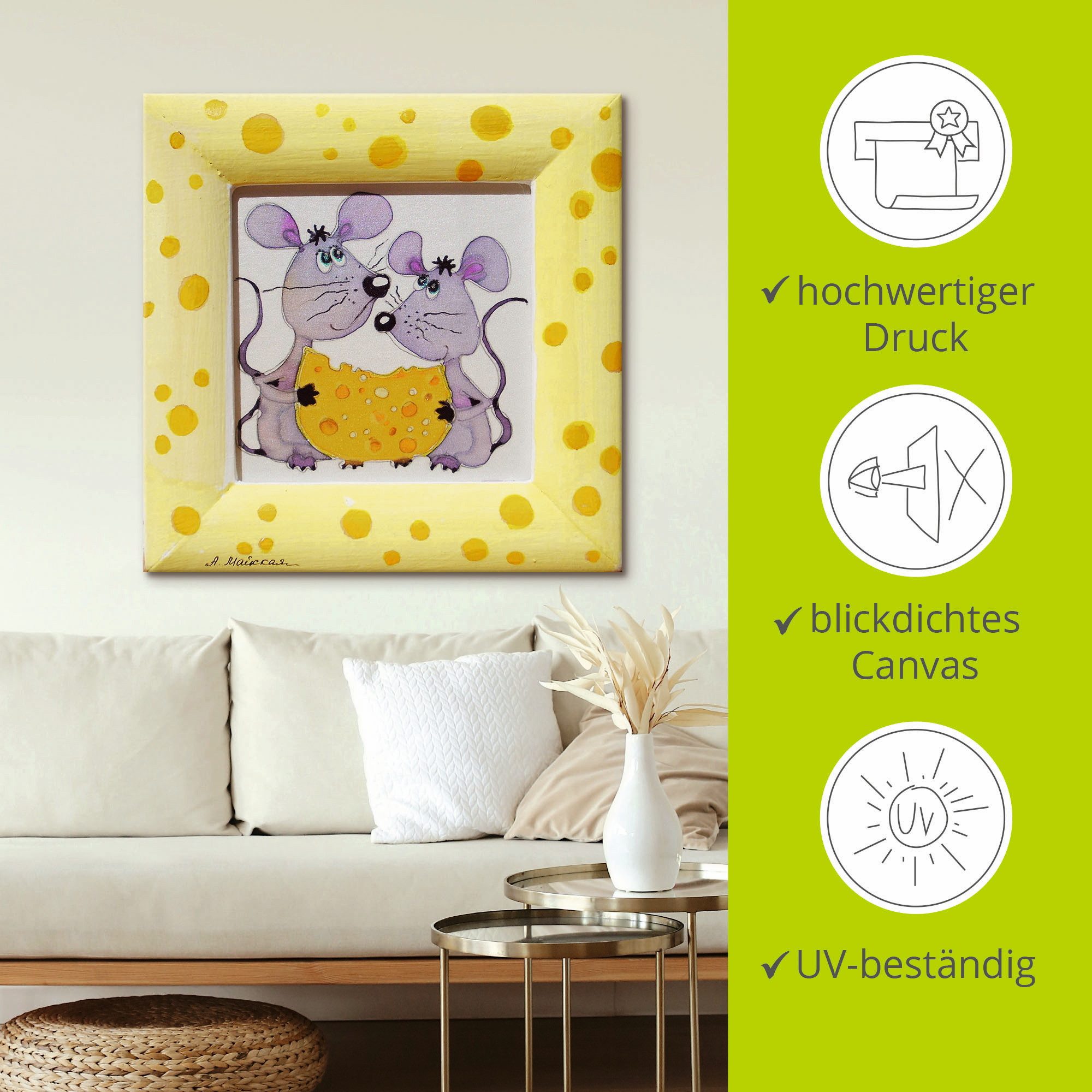 Artland Artprint op linnen Muizen met kaas gespannen op een spieraam