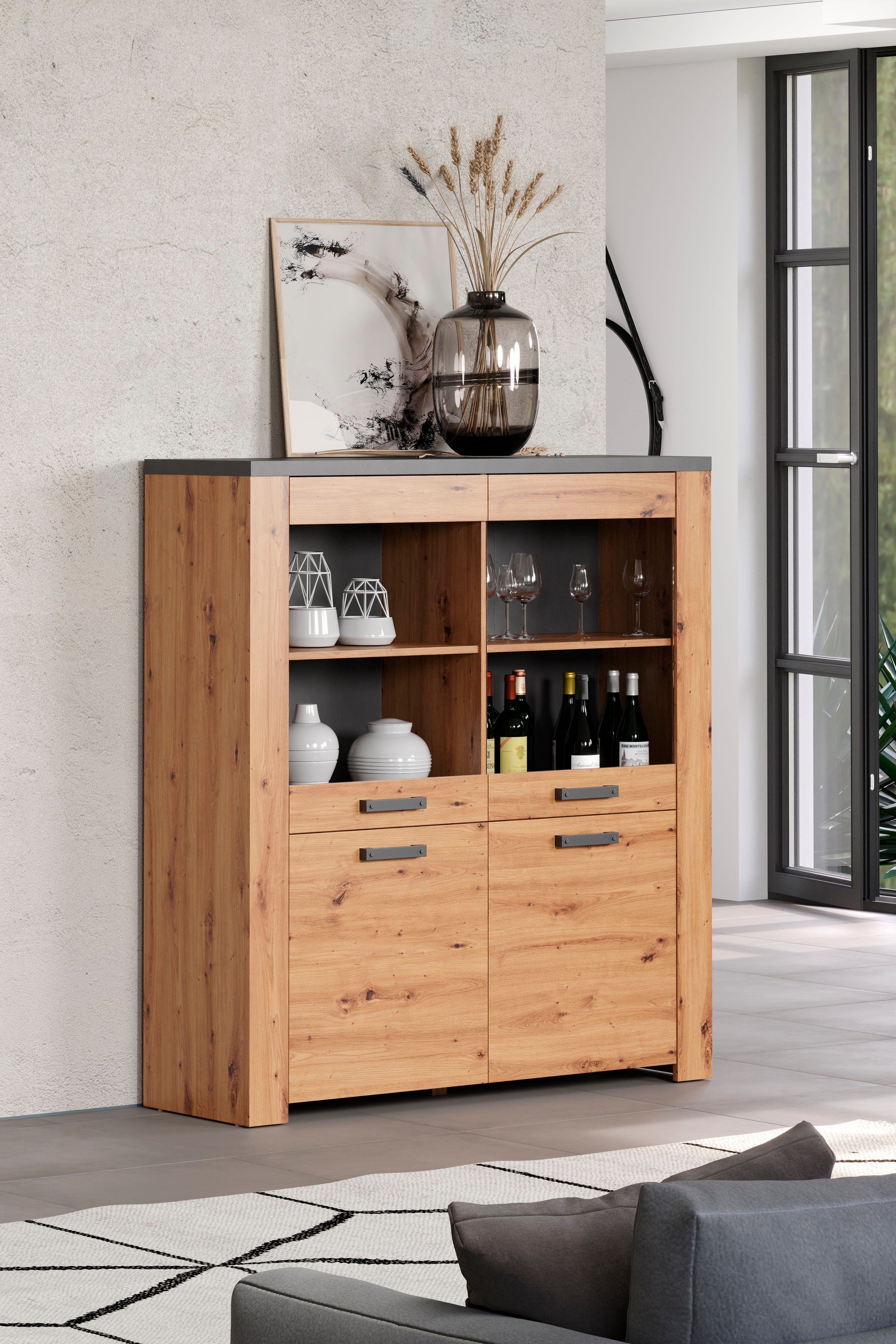Home affaire Highboard Ambres Vitrine, echt houtlook, ca. Afmetingen BxH: 127x139 cm (1 stuk)