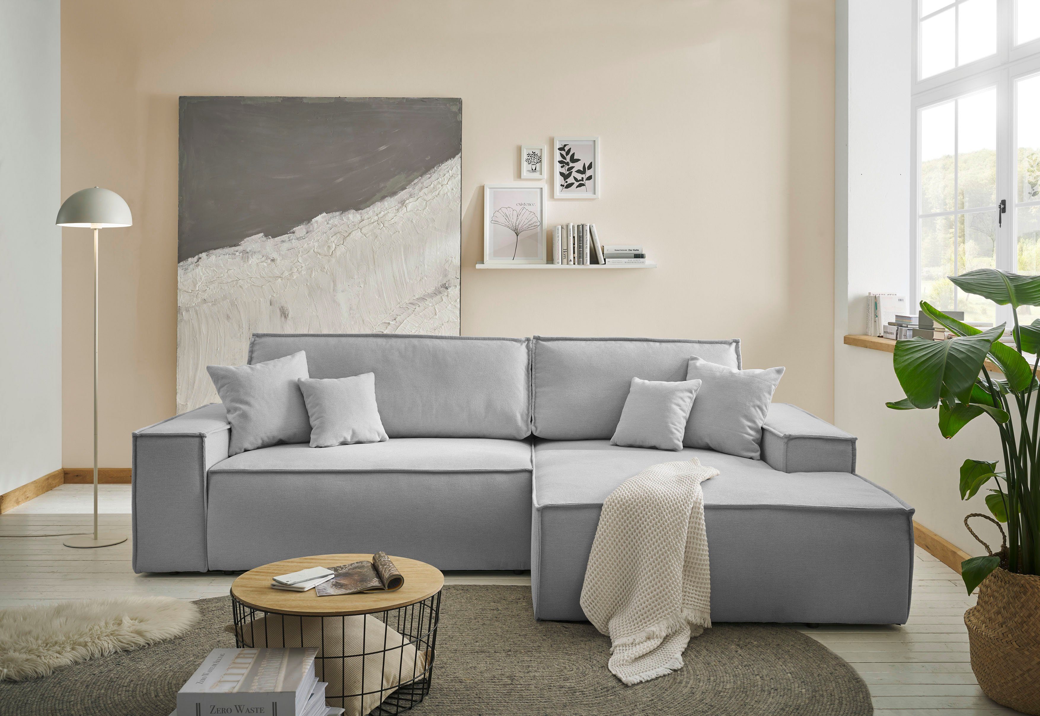 andas Hoekbank Finnley slaapbank 267 cm in Bouclé, fijne structuur en cord, L-vorm