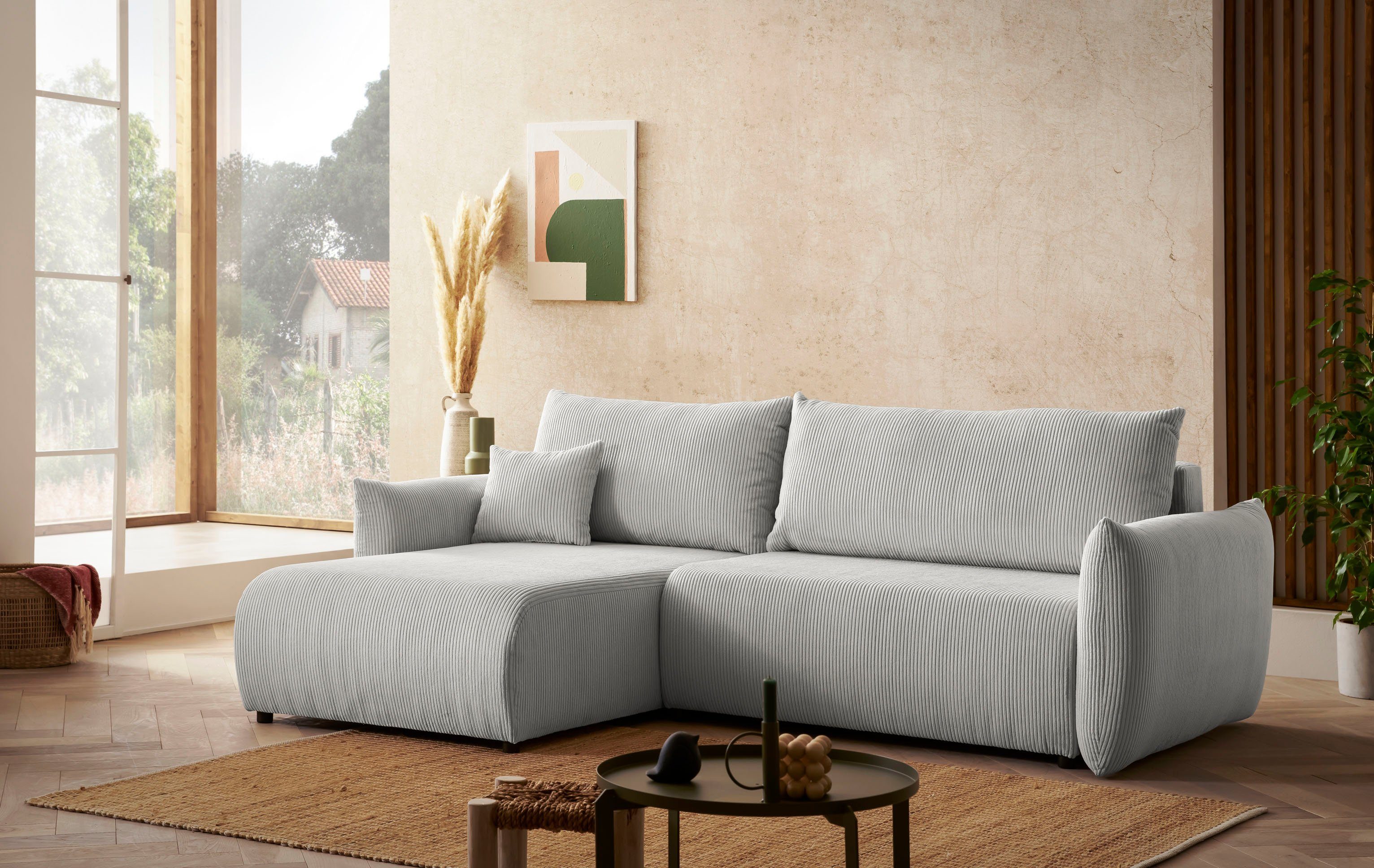 INOSIGN Hoekbank MAVAS bedbank met bedkist, L-model, ca. 257/127 cm (ligoppervlak 212/145 cm), ribfluweel, chenille, structuur