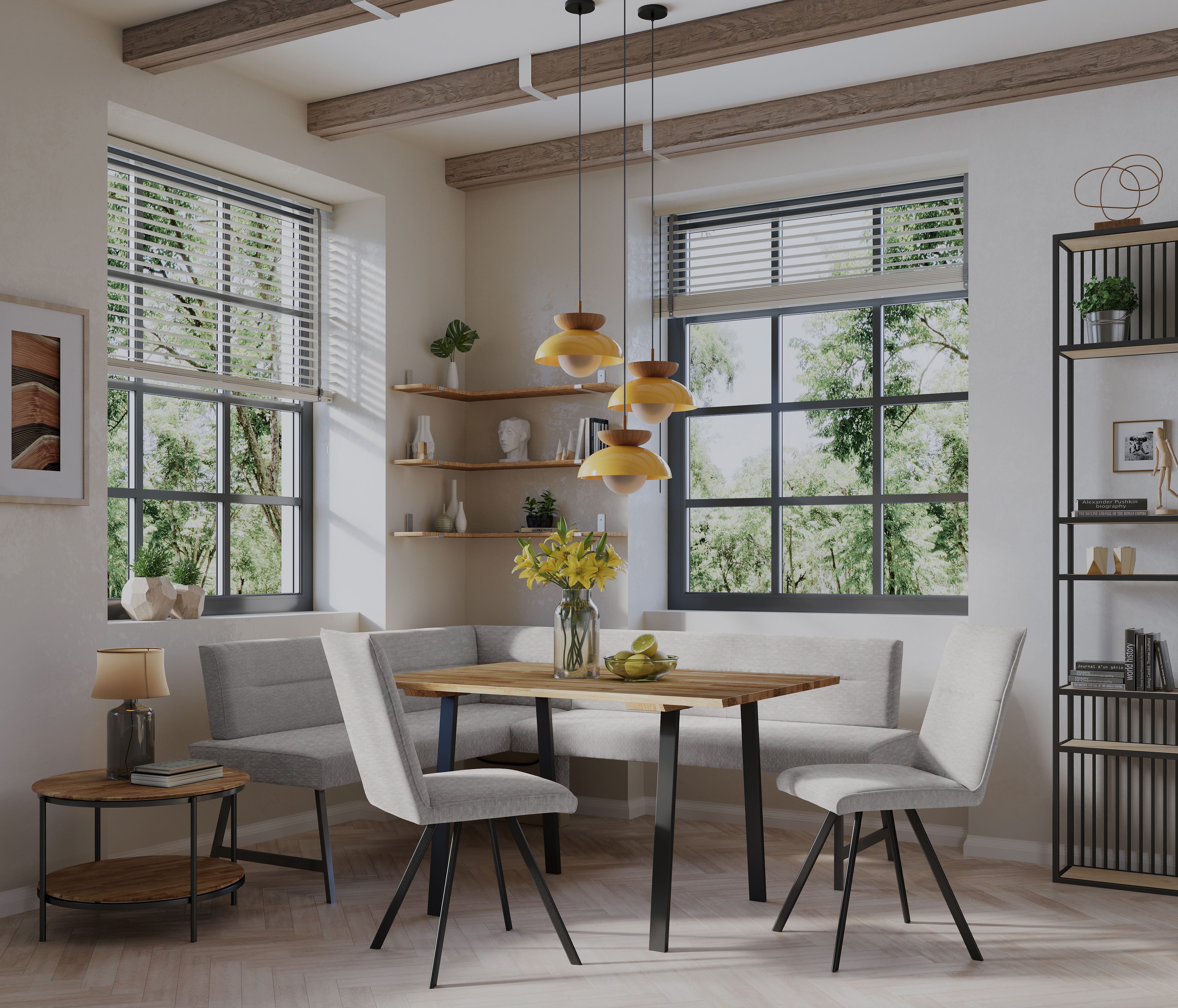Home affaire Eethoek Sava Hoekbank met nosagvering in de zitting, massief eiken tafel (set, 4-delig)