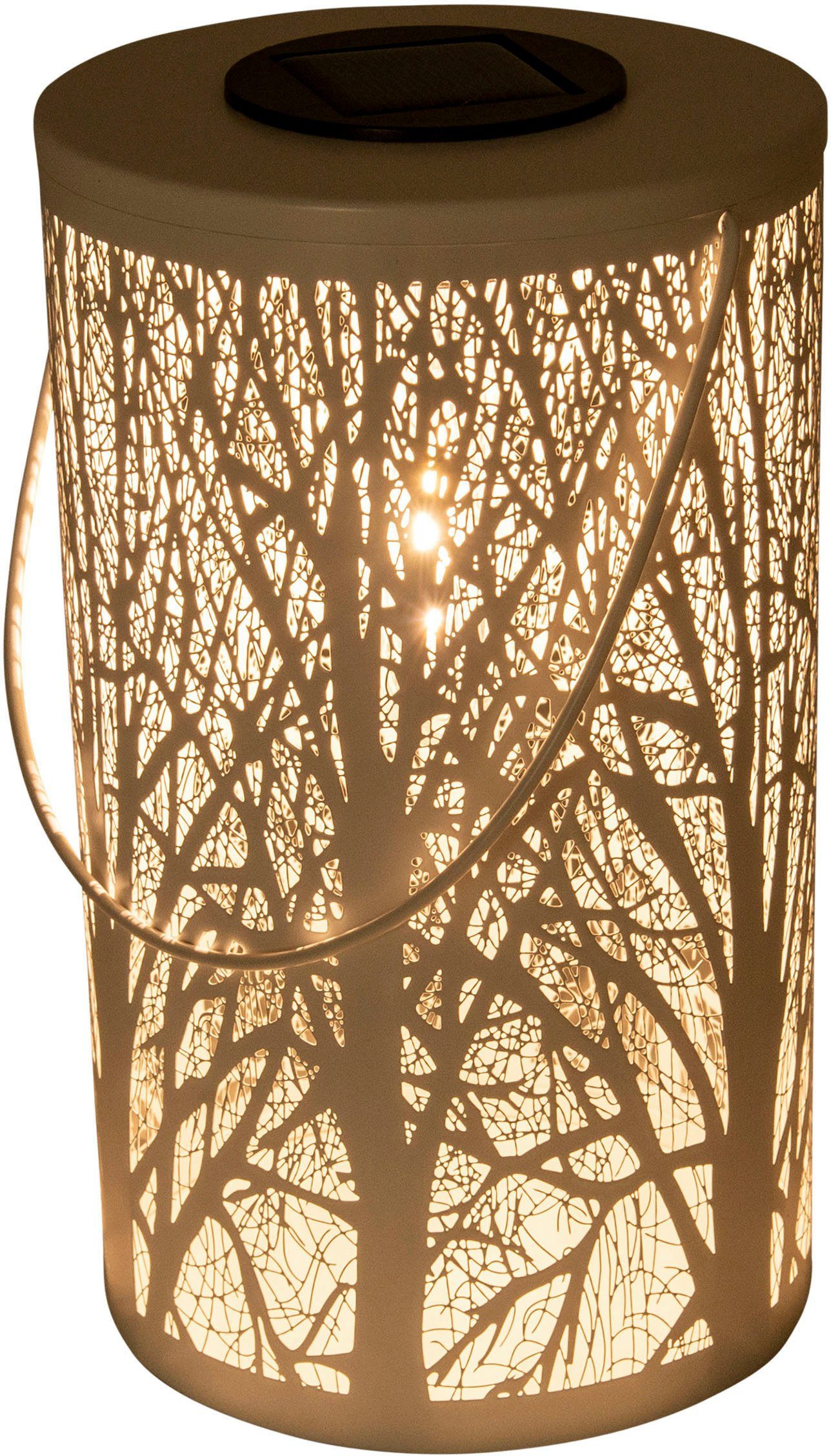 näve Ledsolarlamp Bos rond d: 12 cm, h: 20 cm, wit, bosmotief, warmwit licht, accu, handgreep (1 stuk)