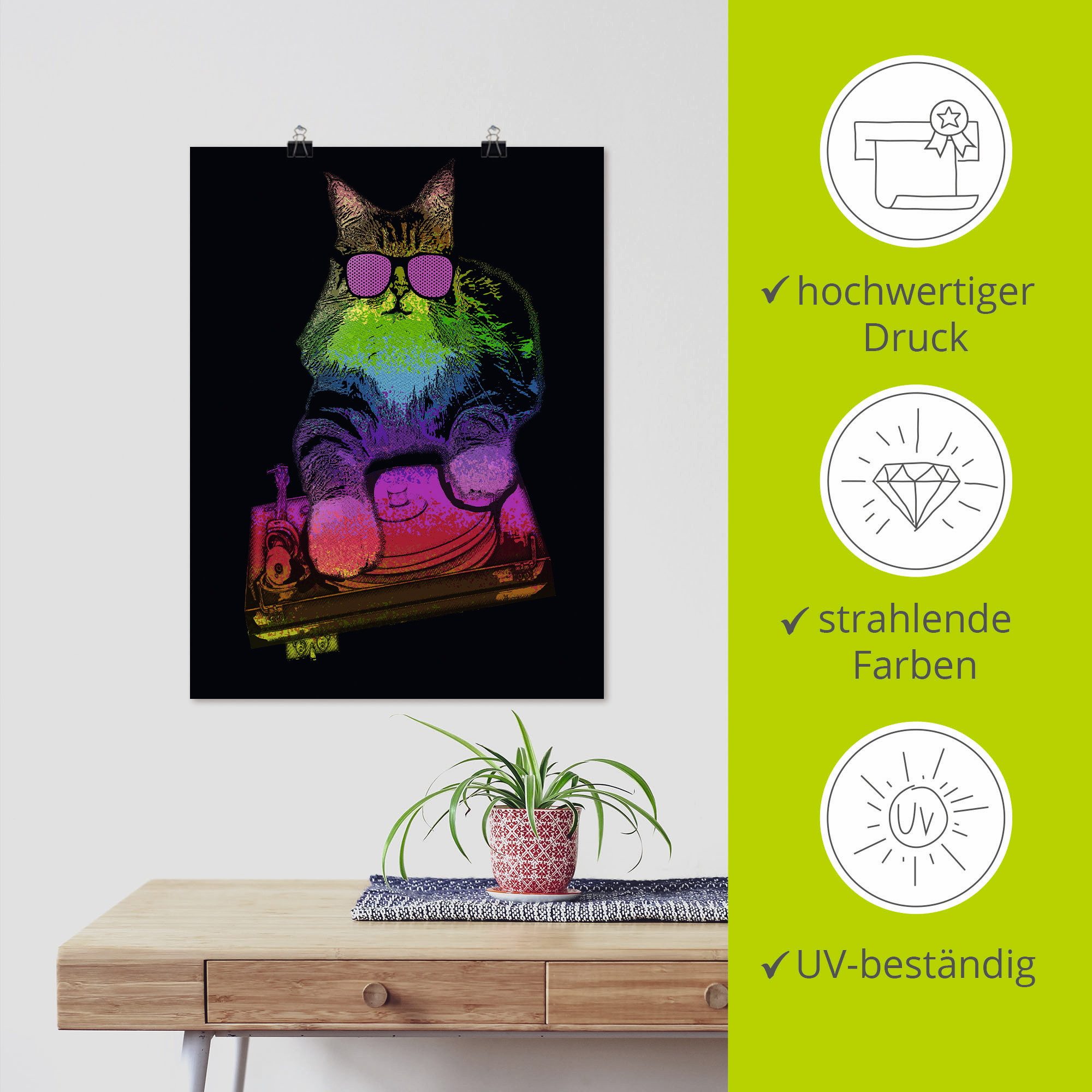 Artland Artprint Grappige dj kat party muziek als artprint van aluminium, artprint op linnen, muursticker of poster in verschillende maten