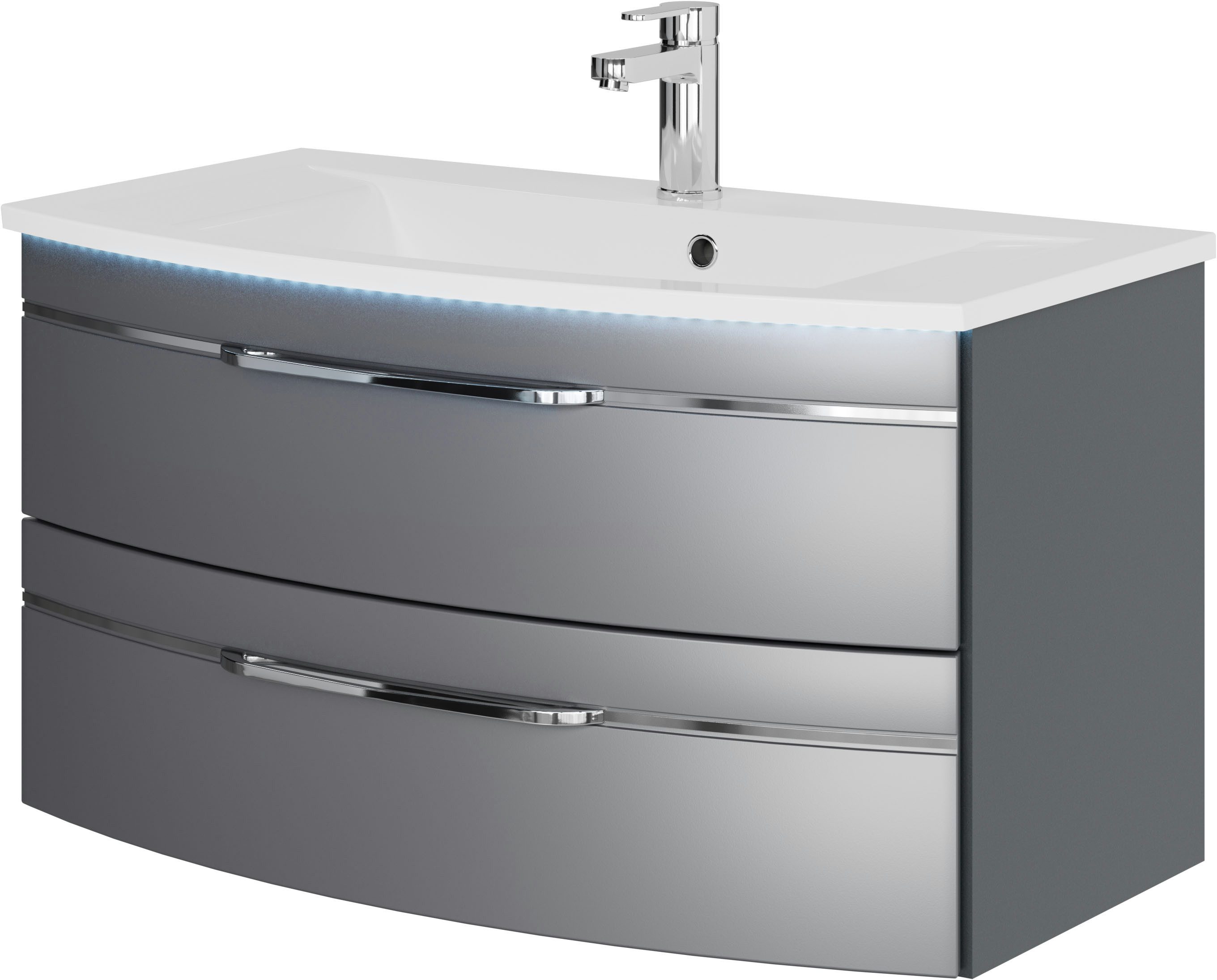 Saphir Wastafelonderkast Serie 7045 mineraalmarmeren wastafel en onderkast, 91 cm breed wastafelmeubels grijs