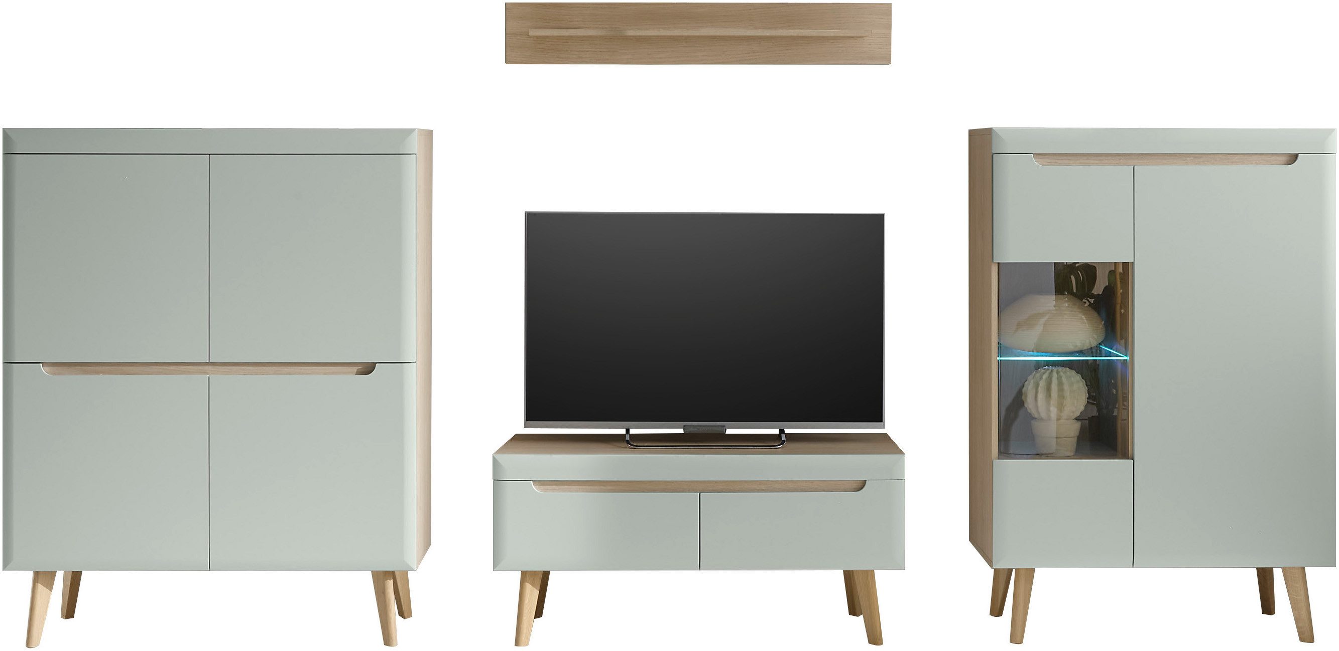 INOSIGN Wandmeubel Torge, wandmeubel, kastwand, mediawand, woonkamer-set bevat 1 vitrine, 1 lowboard, 1 highboard + 1 wandplank, 344 cm breed (set, 4-delig)
