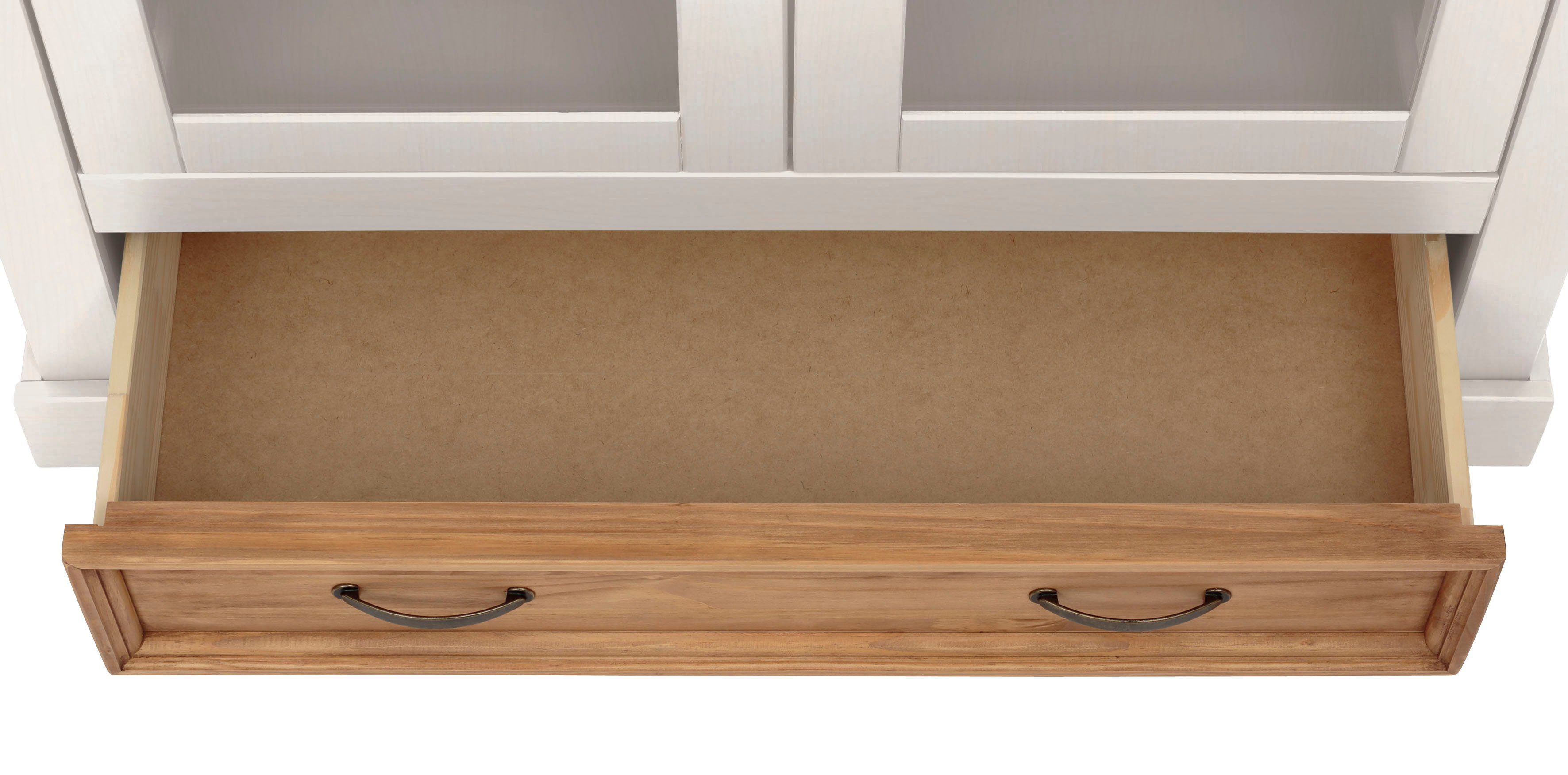 Home affaire Vitrinekast Selma Highboard gemaakt van massief grenen, met metalen handgrepen in een antieke look