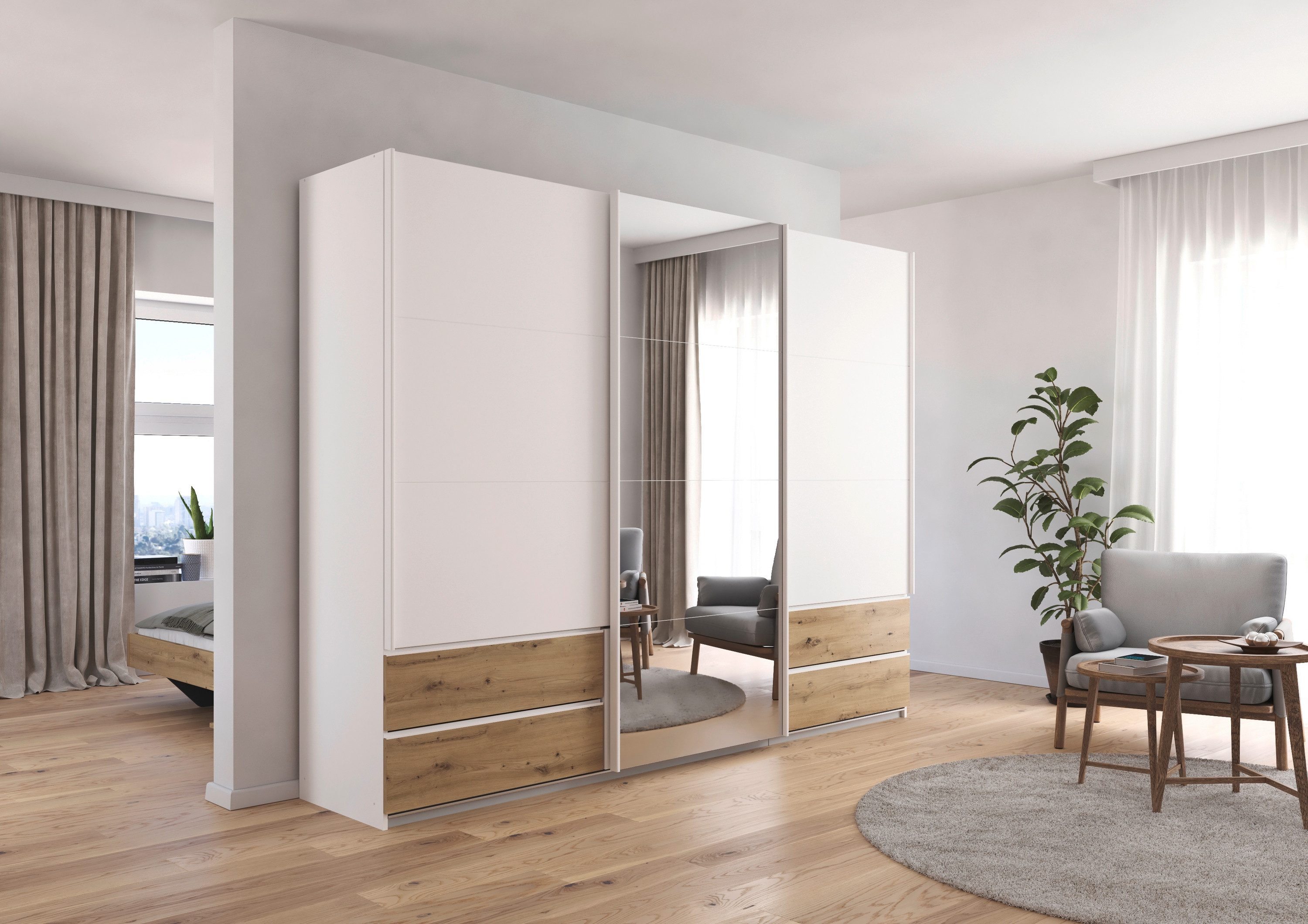 rauch Schuifdeurkast Kledingkast Kast Garderobe Wasmand ELARA met Spiegel praktische lades optioneel kleuraccent made in germany