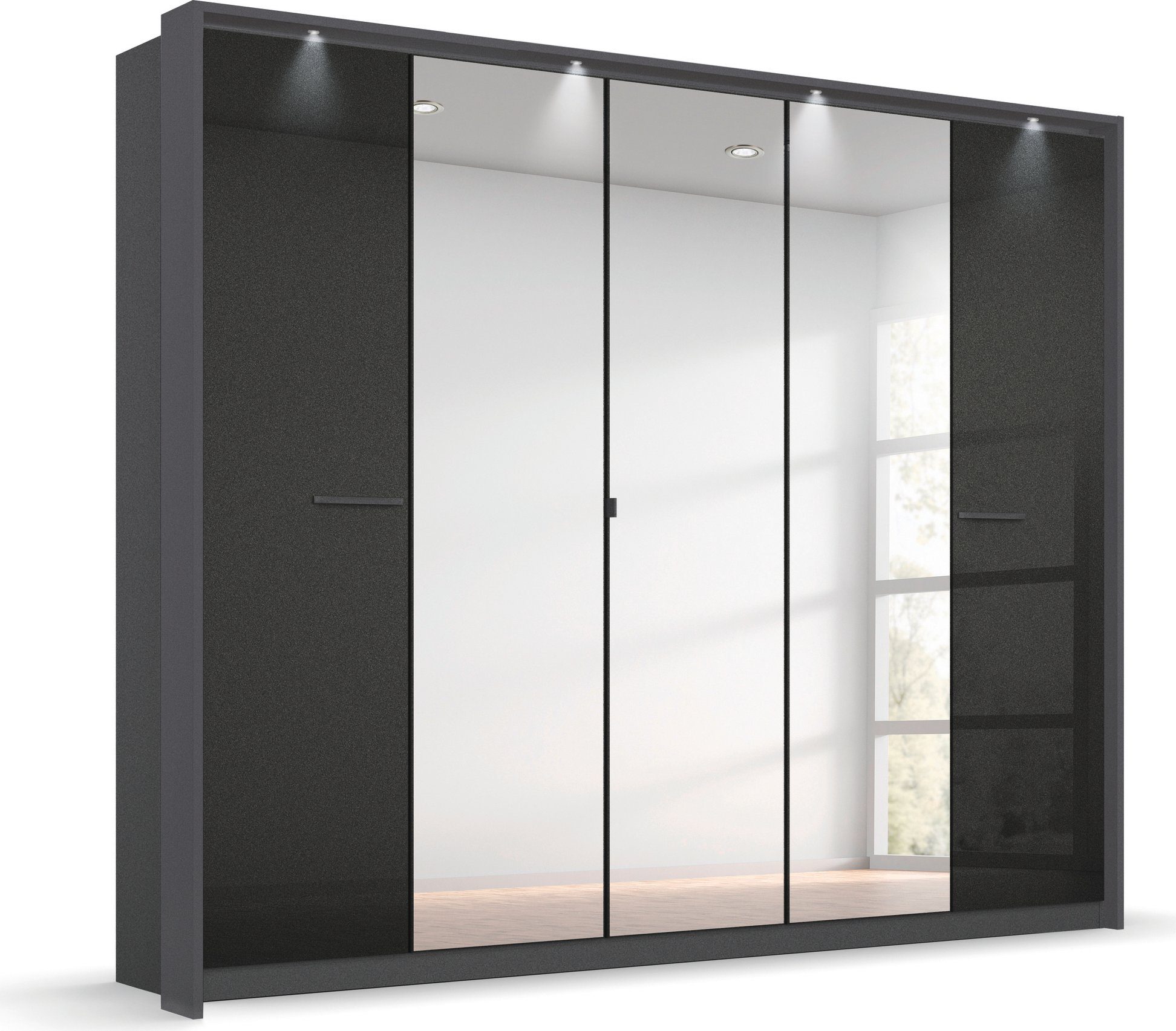 rauch Draaideurkast Oteli met spiegel in het midden en passe-partout, optioneel met verlichting kledingkasten maat 230 cm x 212 cm x 58 cm grijs