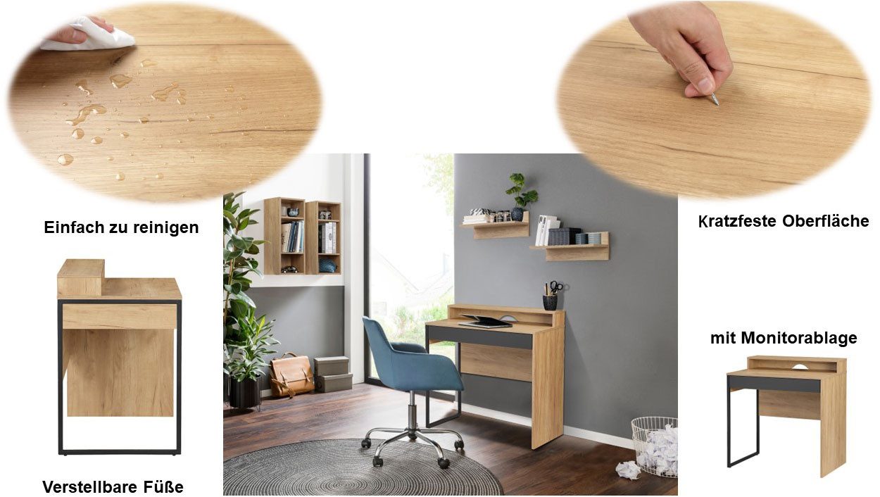 Places of Style Bureau Moid, computertafel in modern design Breedte 80 cm, met lade, kabeldoorvoer & metalen voet