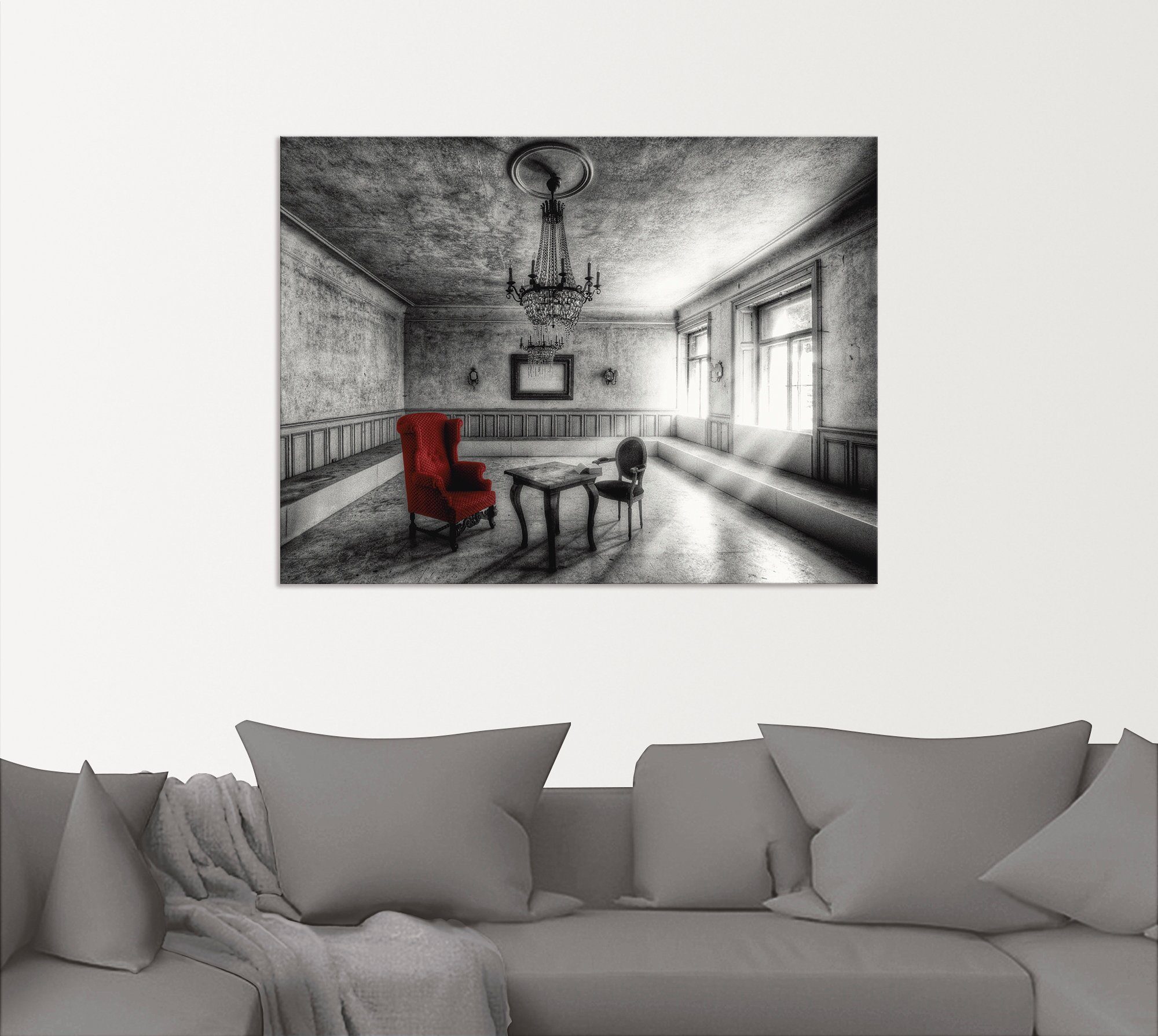 Artland Artprint Lost Place - rode fauteuil als artprint van aluminium, artprint voor buiten, artprint op linnen, poster, muursticker
