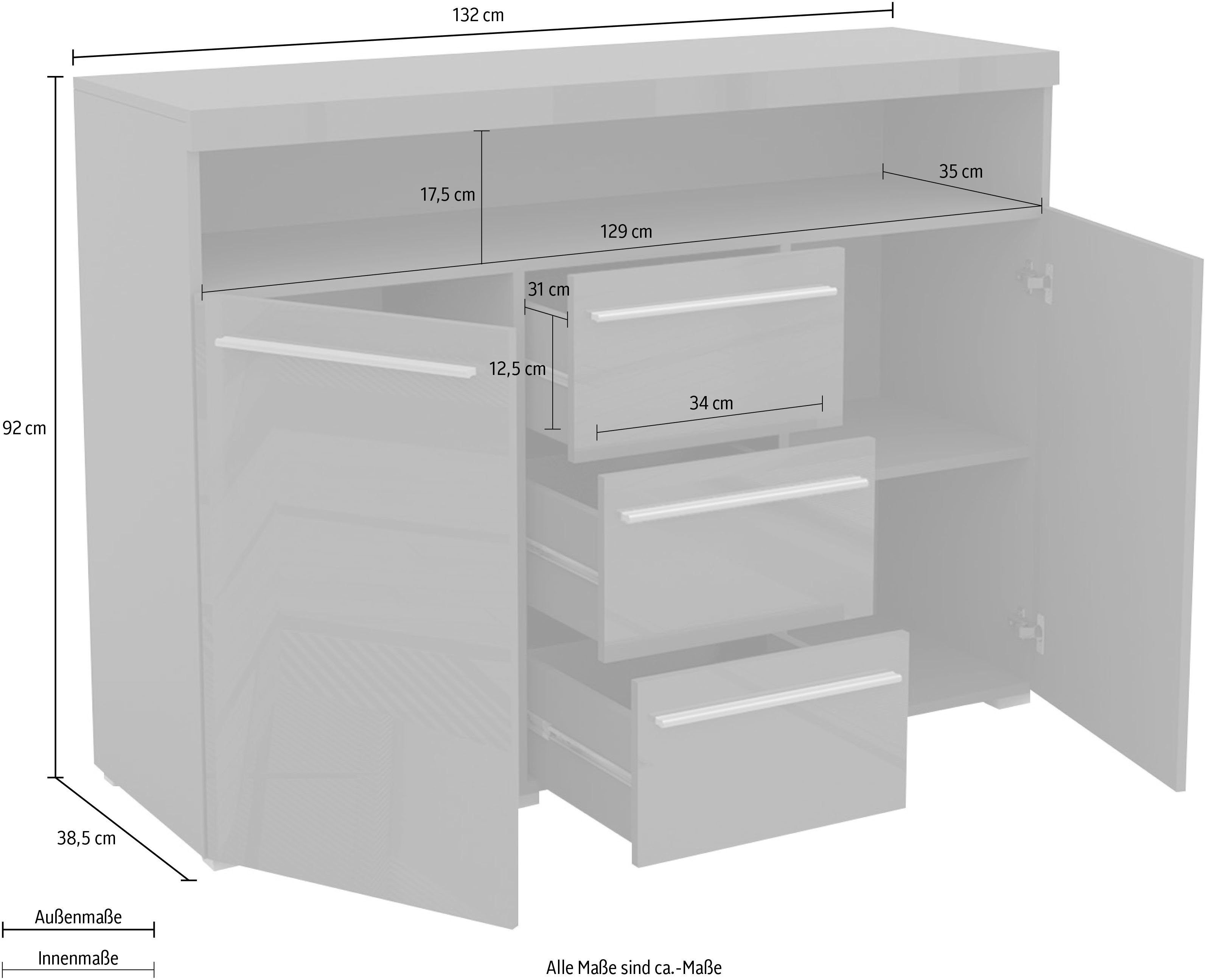 INOSIGN Dressoir India, breedte 132cm, stijlvolle dressoir met 2 deuren, 3 lades