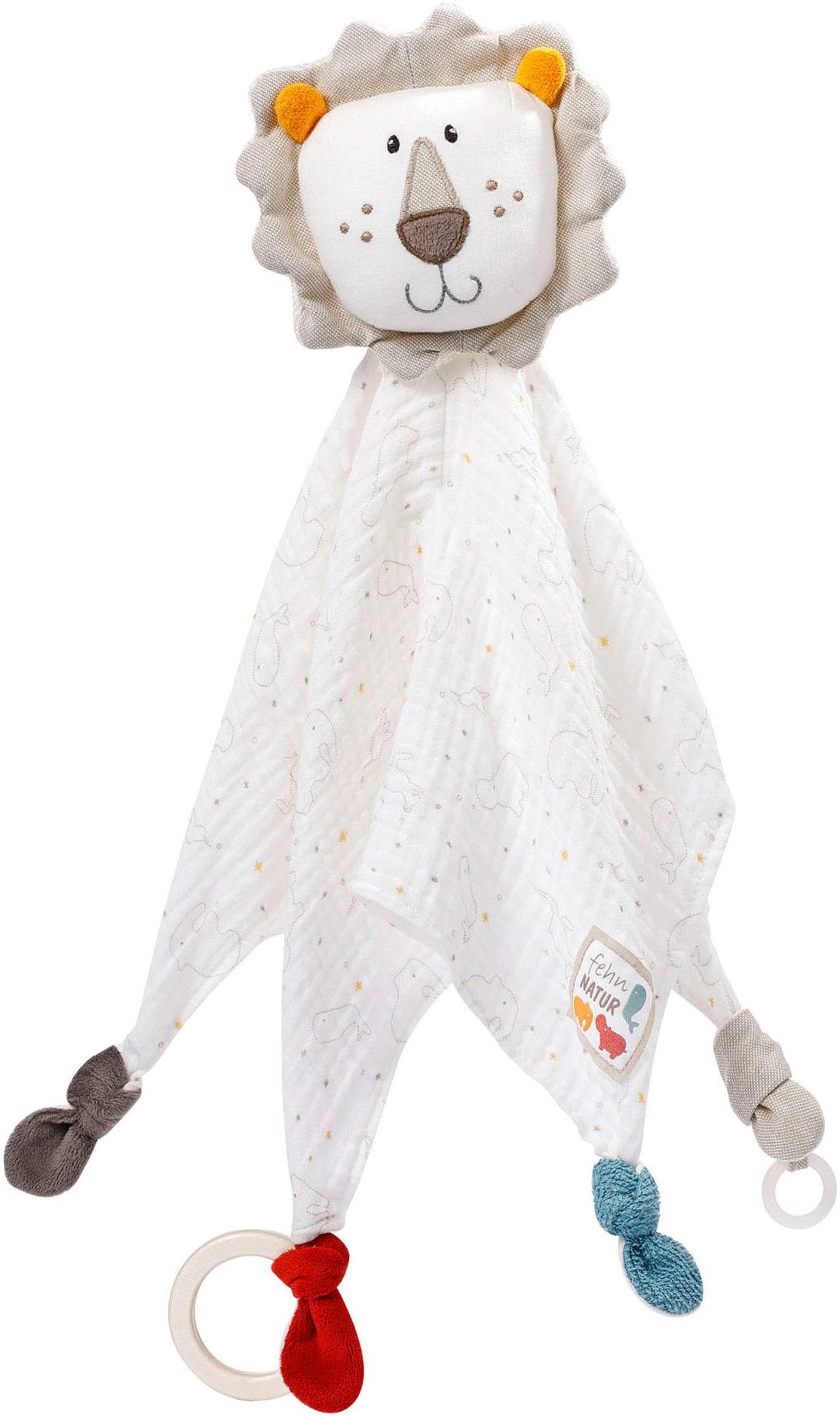 Fehn Knuffeldoek FehnNATUR, Leeuw Deluxe met bevestigingsring voor speen, bevat bio-katoen