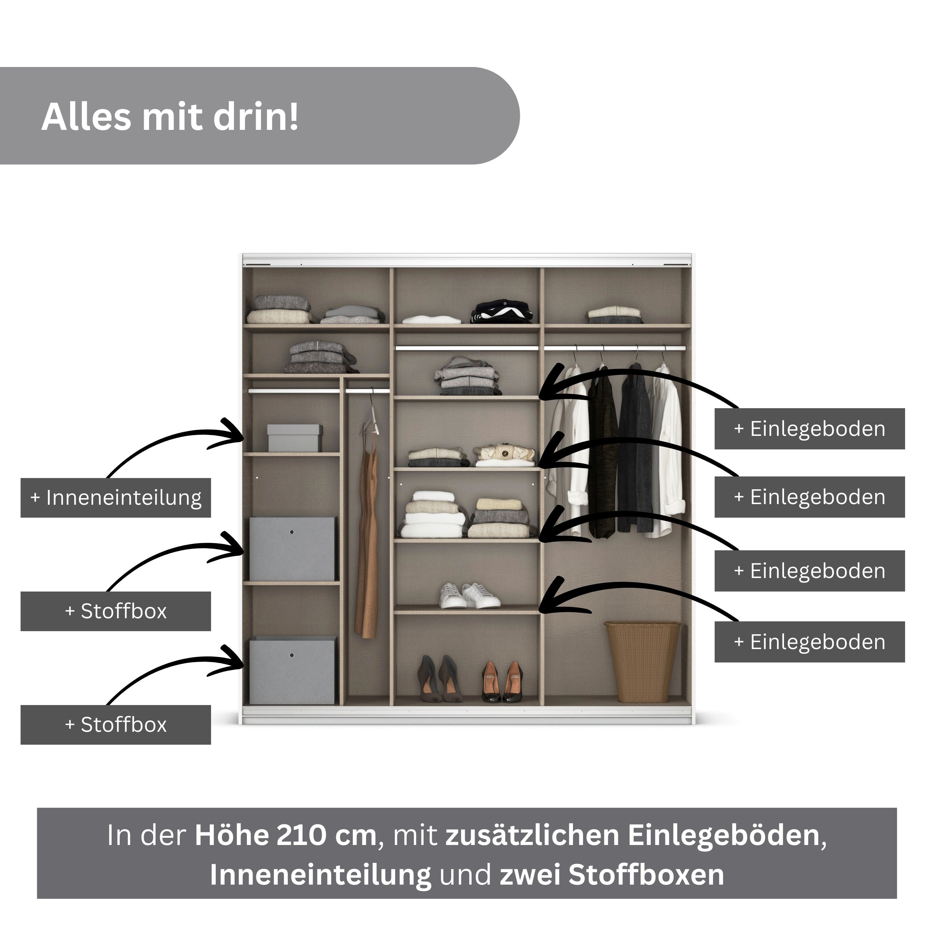 rauch Schuifdeurkast Kledingkast Kast Garderobe CORTONA inclusief indeling, 2 stoffen dozen en extra planken