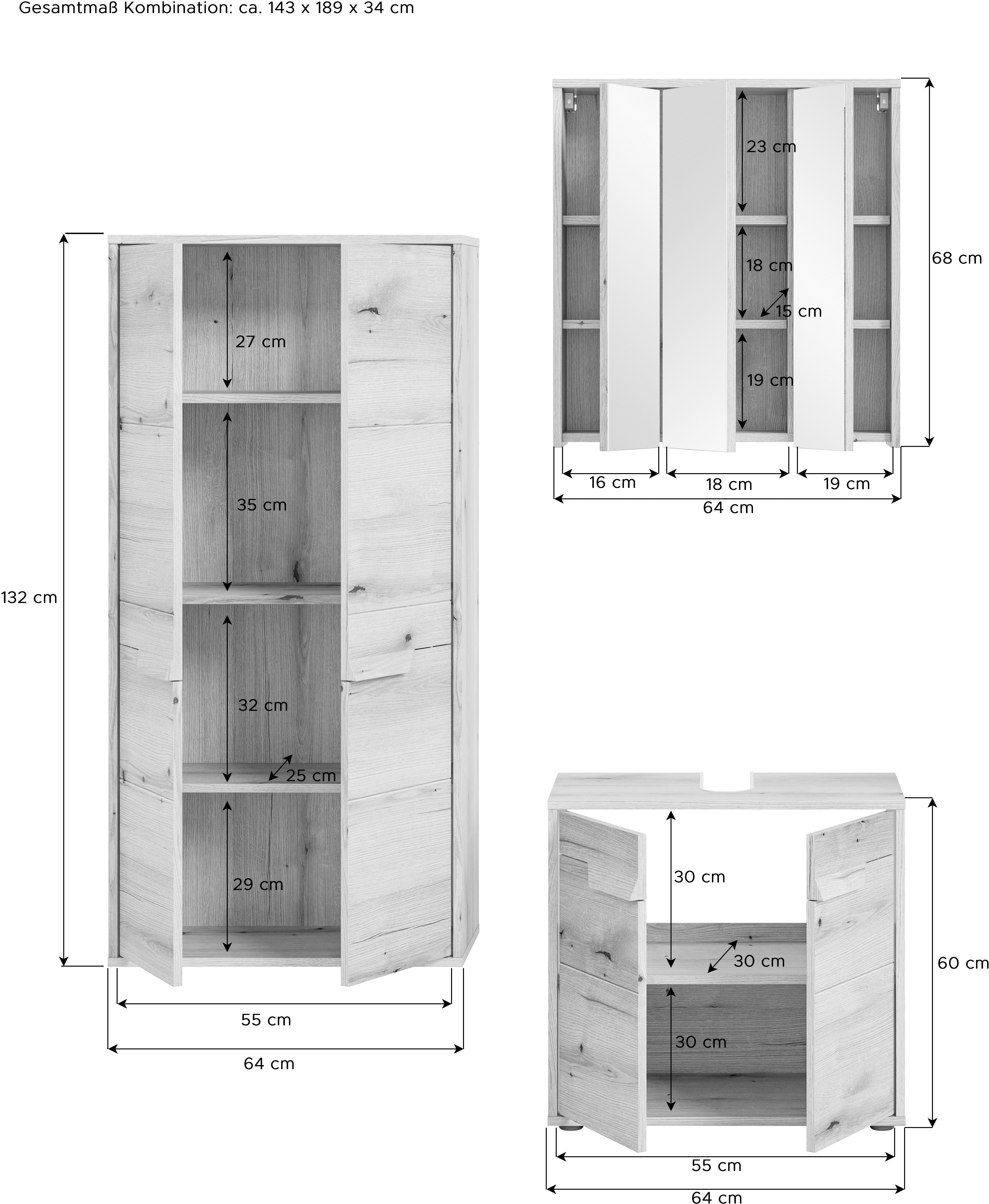 welltime Badmeubelset Kayu, bestaande uit: midikast, wastafelonderkast Spiegelschrank, hoogwaardige MDF front met groeffrasing, badkamer, badkamer set