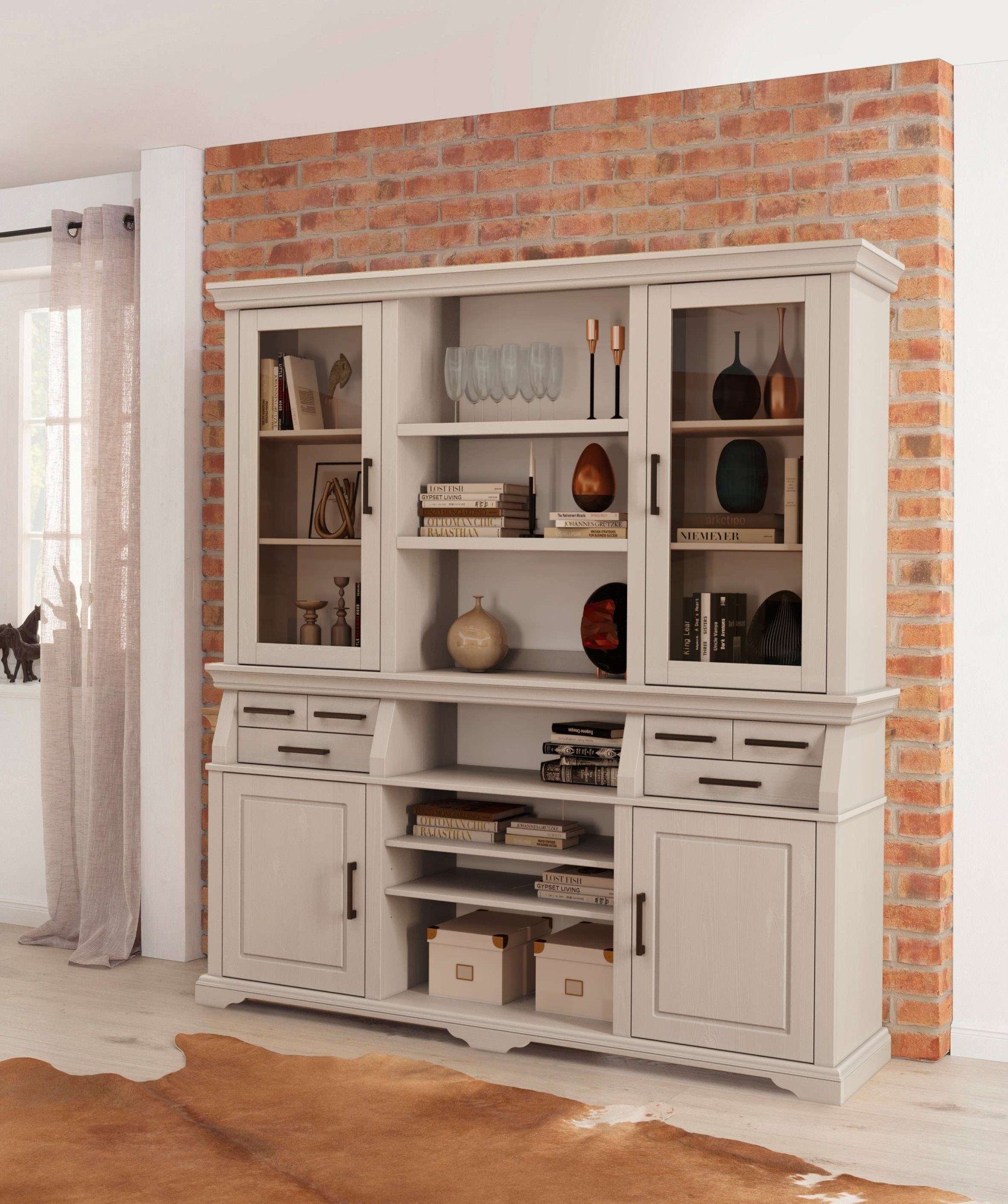 Home affaire Buffetkast Anabel, mit Glastüren und schwarzen Metallgriffen gecertificeerd massief hout, breedte 186 cm, in landhuisstijl