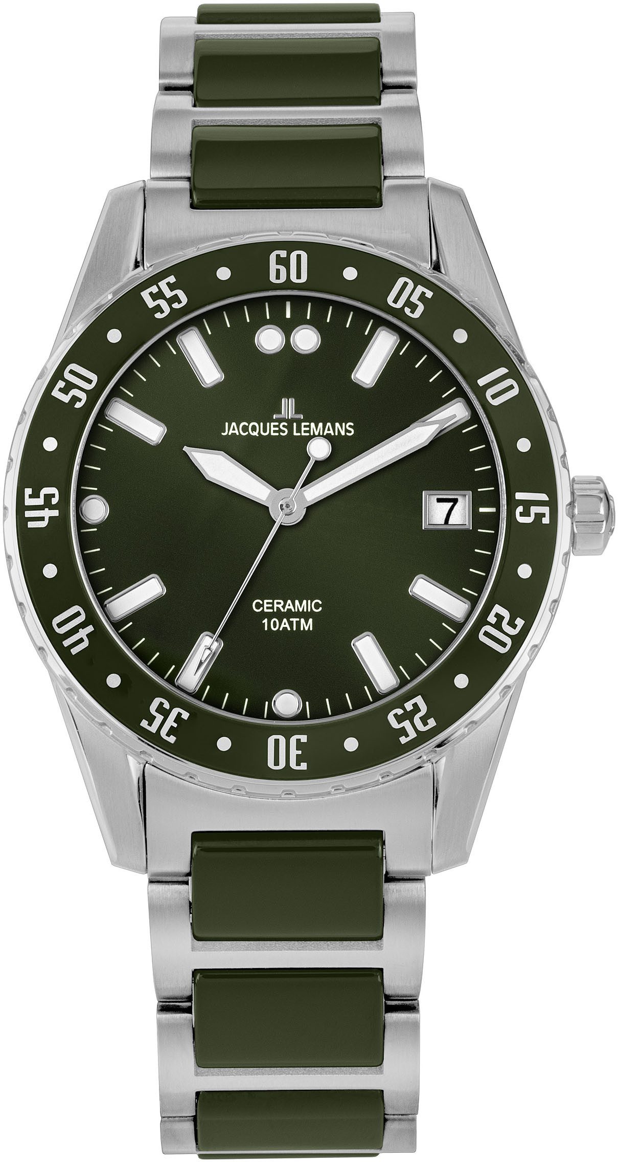 Jacques Lemans Keramisch horloge Liverpool Quartz horloge, polshorloge, herenhorloge, tot 10 bar waterdicht, analoog, datum vloeren groen