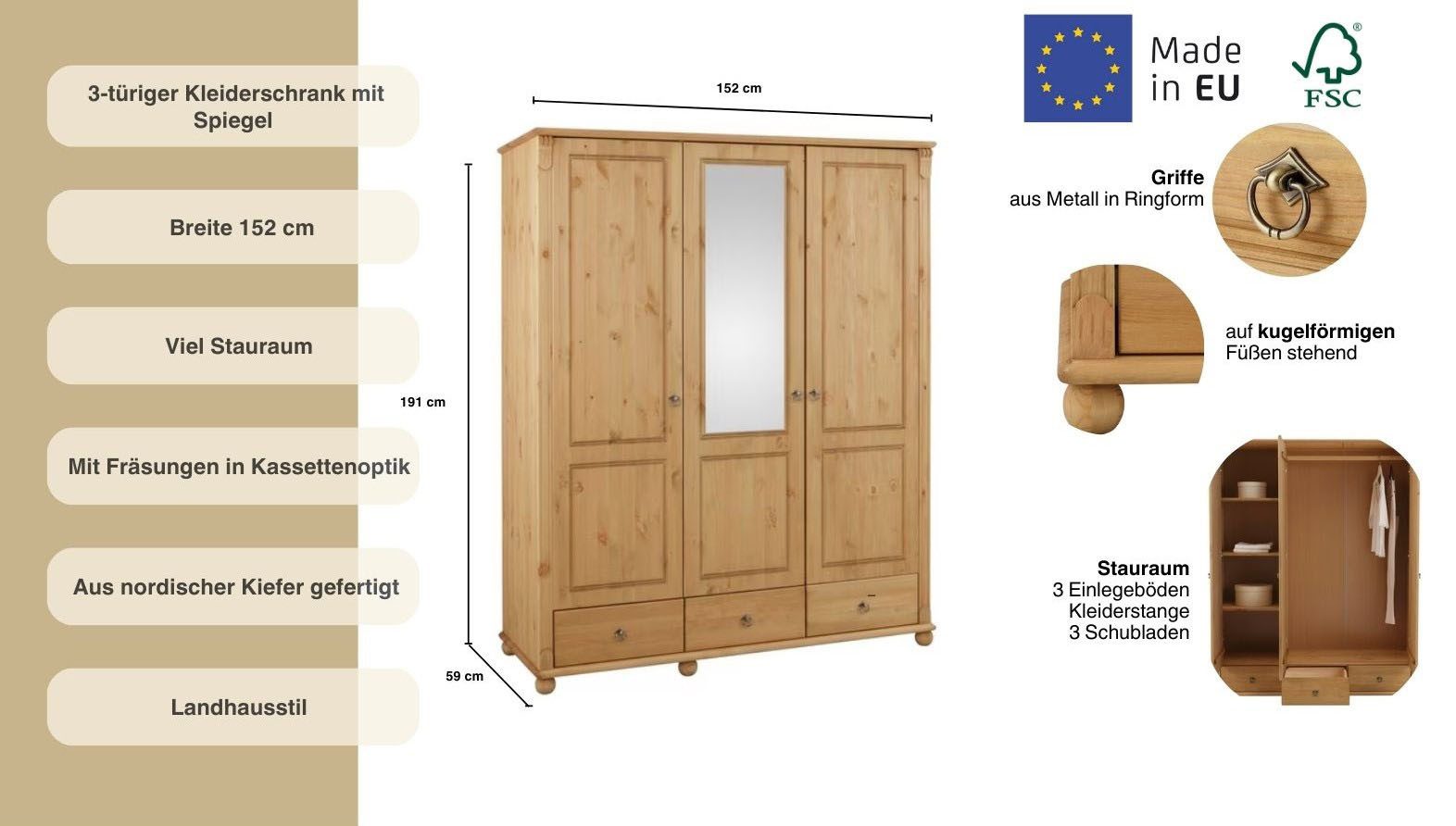 Home affaire Kledingkast Tessin, Driedeuren kast, 3-deurs Breedte 152 cm, massief grenen, met spiegel en 3 lades