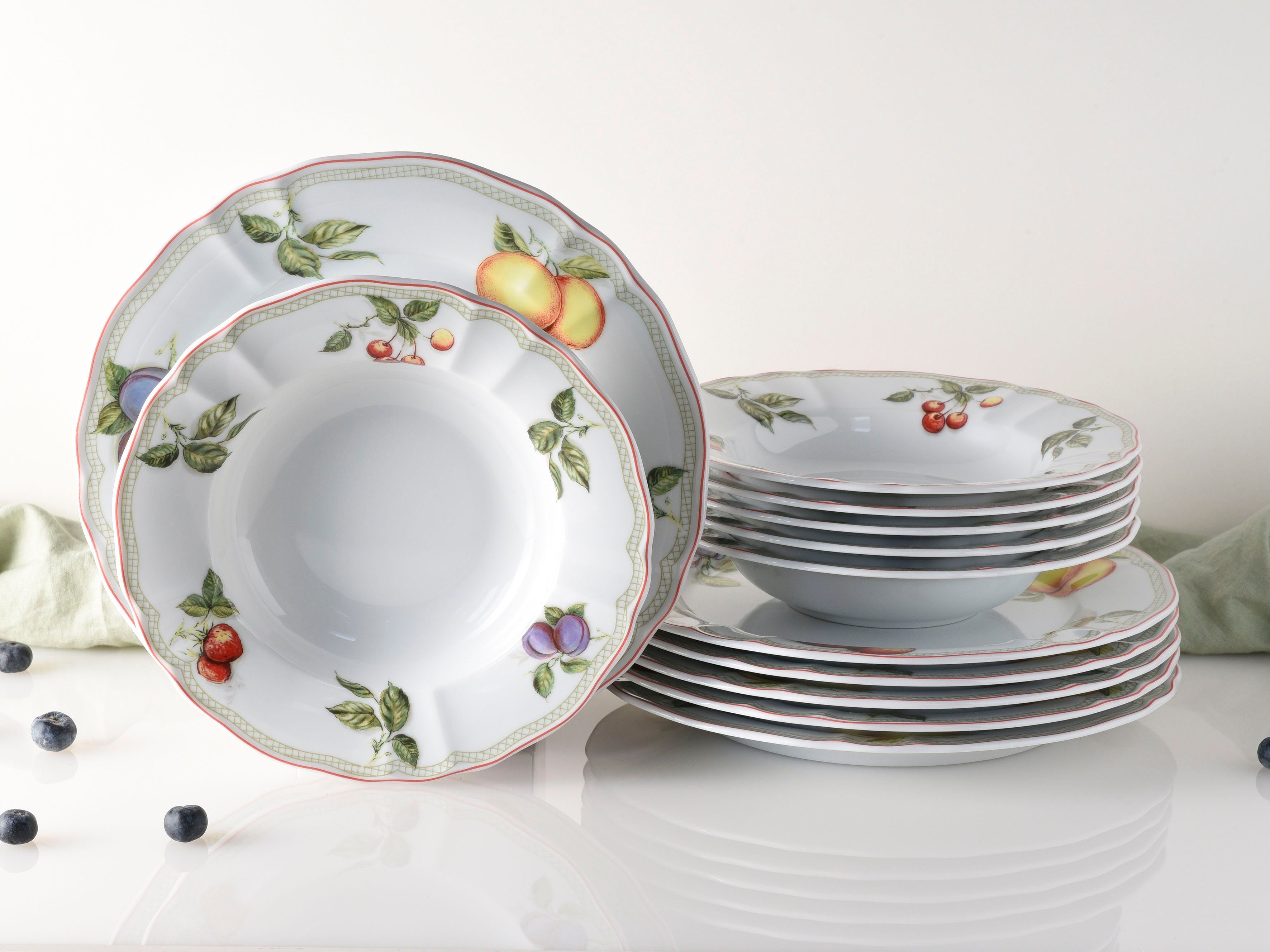 CreaTable Eetservies Borden set, servies set Flora Orchard Servies, fruitdecor, 12 delen, voor 6 personen (set, 12-delig)