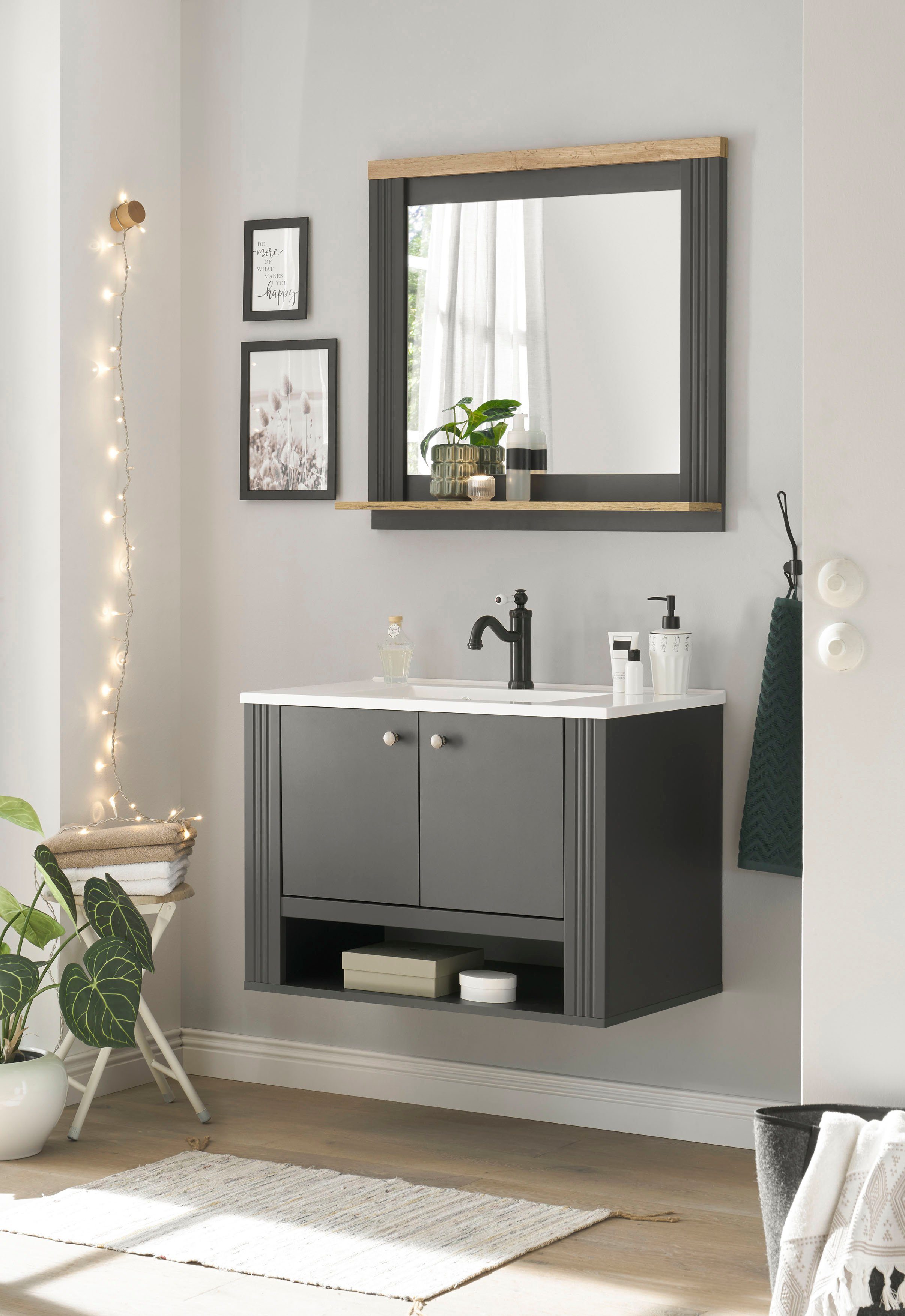 Home affaire Badkamerserie WESTMINSTER, badkamer in landhuisstijl, 2-delig badkamer Wand-wastafel, spiegel met plank, in 2 kleuren, breedte 80 cm (2-delig)